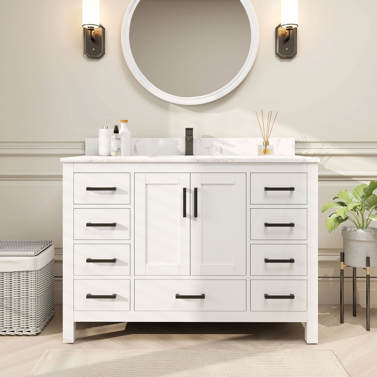 Riverford White Rubberwood & Plywood Bathroom Vanity with Single Ceramic Sink and Engineered Marble Top