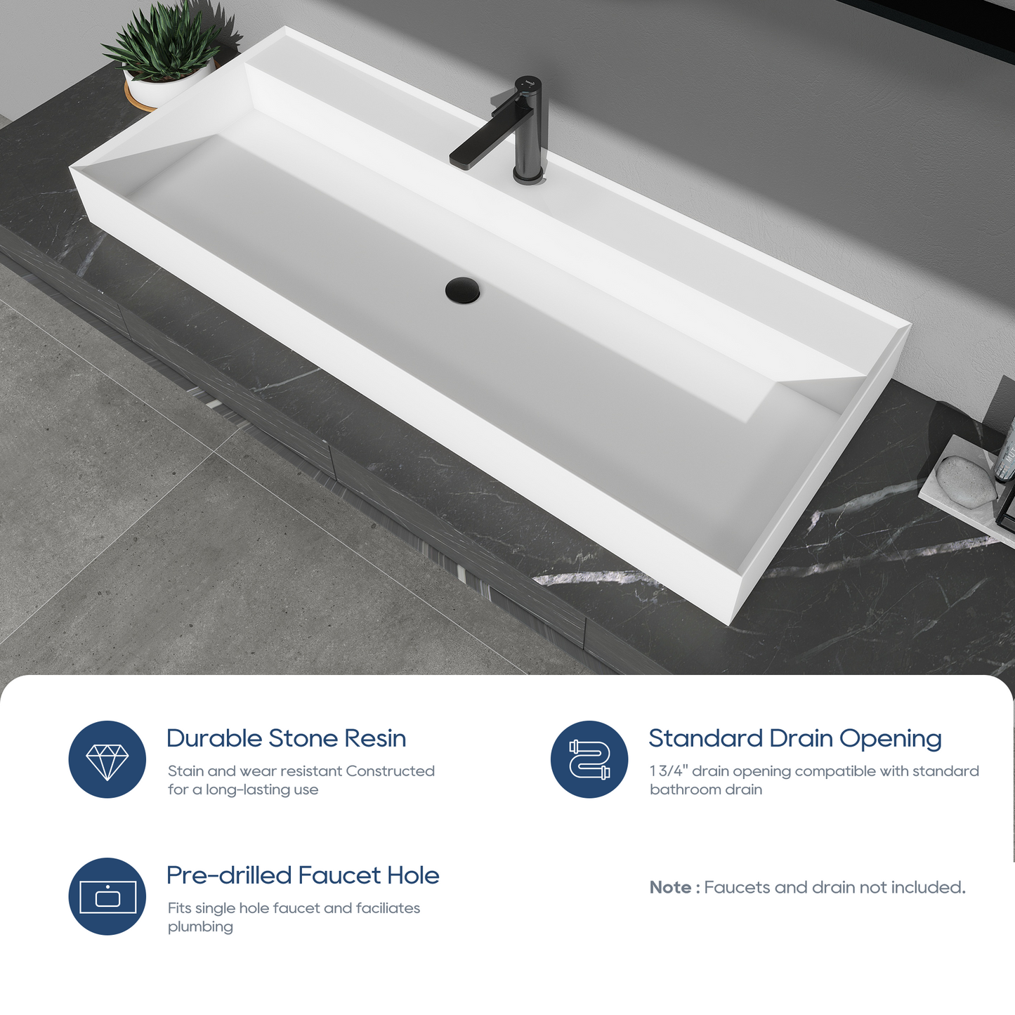SJ-STARJANE 47''Rectangular Bathroom Sink Matte White Solid Surface Basin