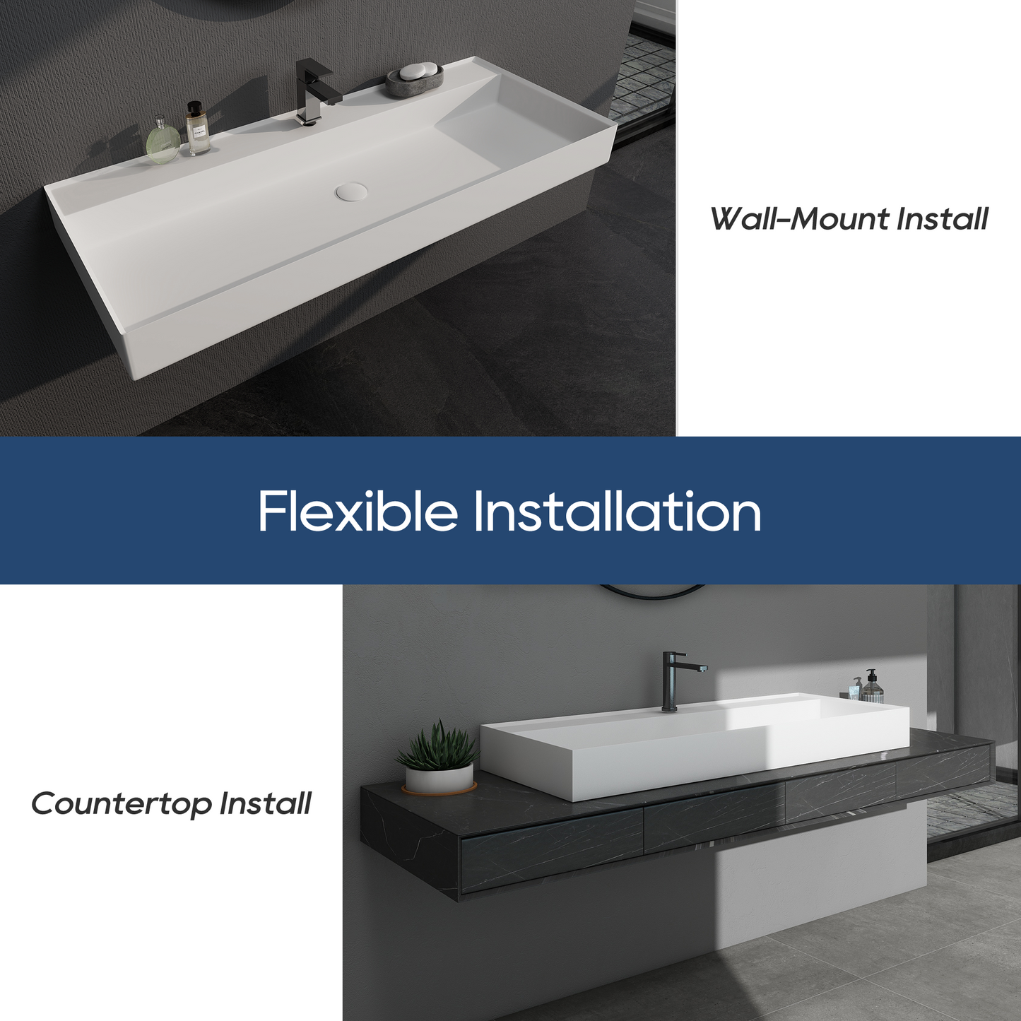 SJ-STARJANE 47''Rectangular Bathroom Sink Matte White Solid Surface Basin