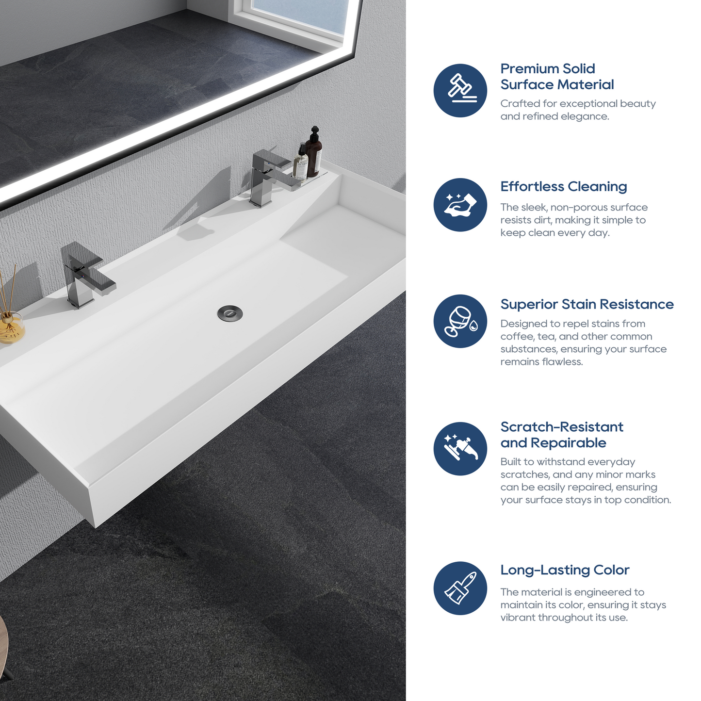SJ-STARJANE 47''Wall Mount Bathroom Sink Solid Surface Sink with Double Faucet Hole
