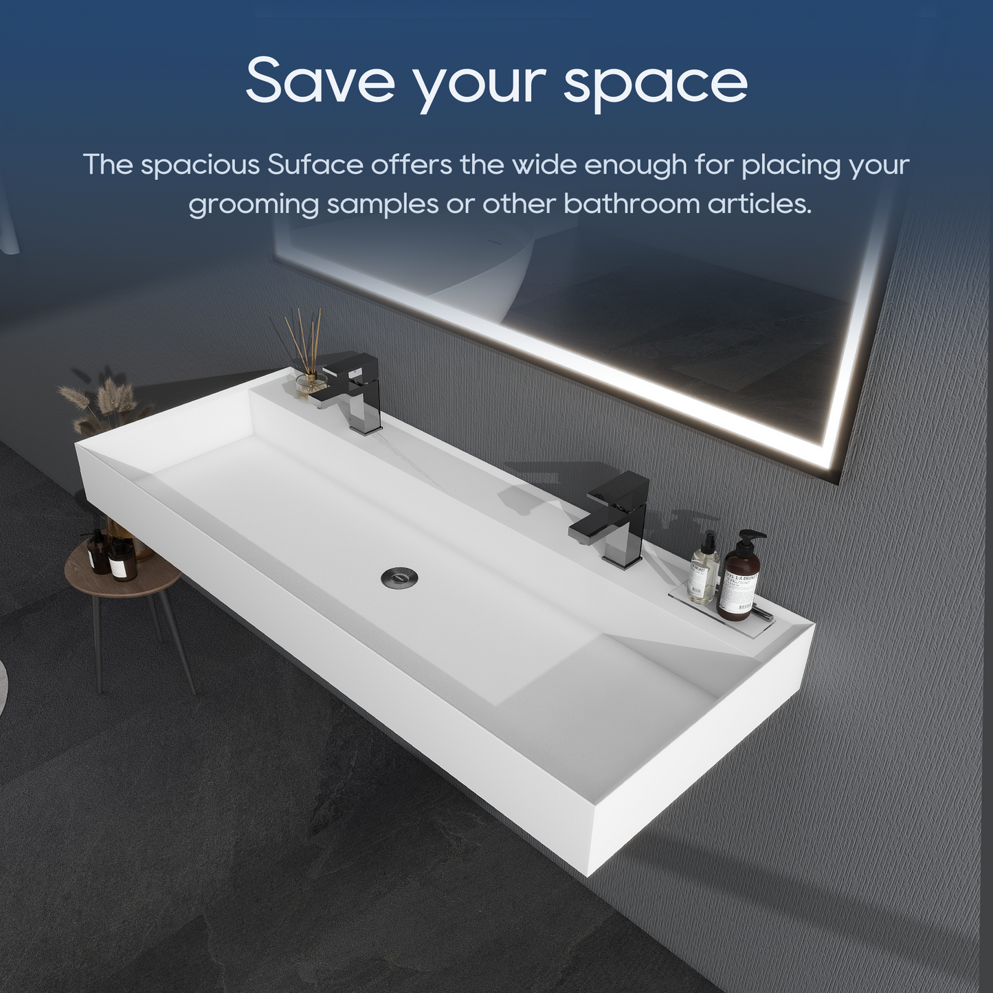 SJ-STARJANE 47''Wall Mount Bathroom Sink Solid Surface Sink with Double Faucet Hole