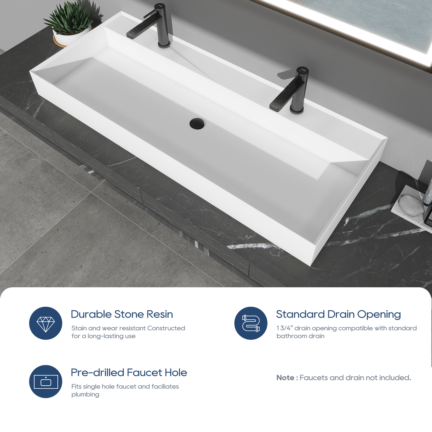 SJ-STARJANE 47''Wall Mount Bathroom Sink Solid Surface Sink with Double Faucet Hole