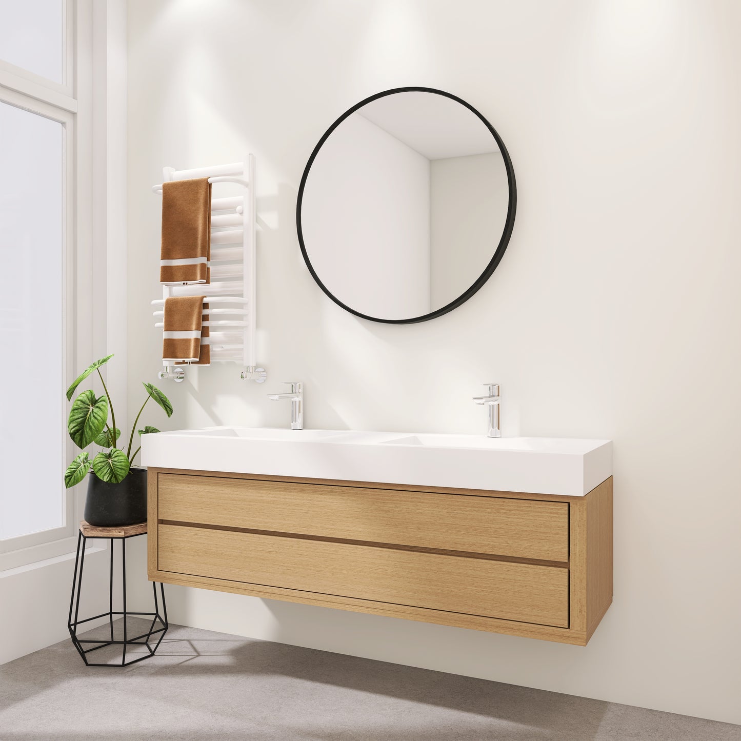 SJ-STARJANE 59''Solid Surface Wall Mount Double-Basin Bathroom Vessel Sink in Matte White