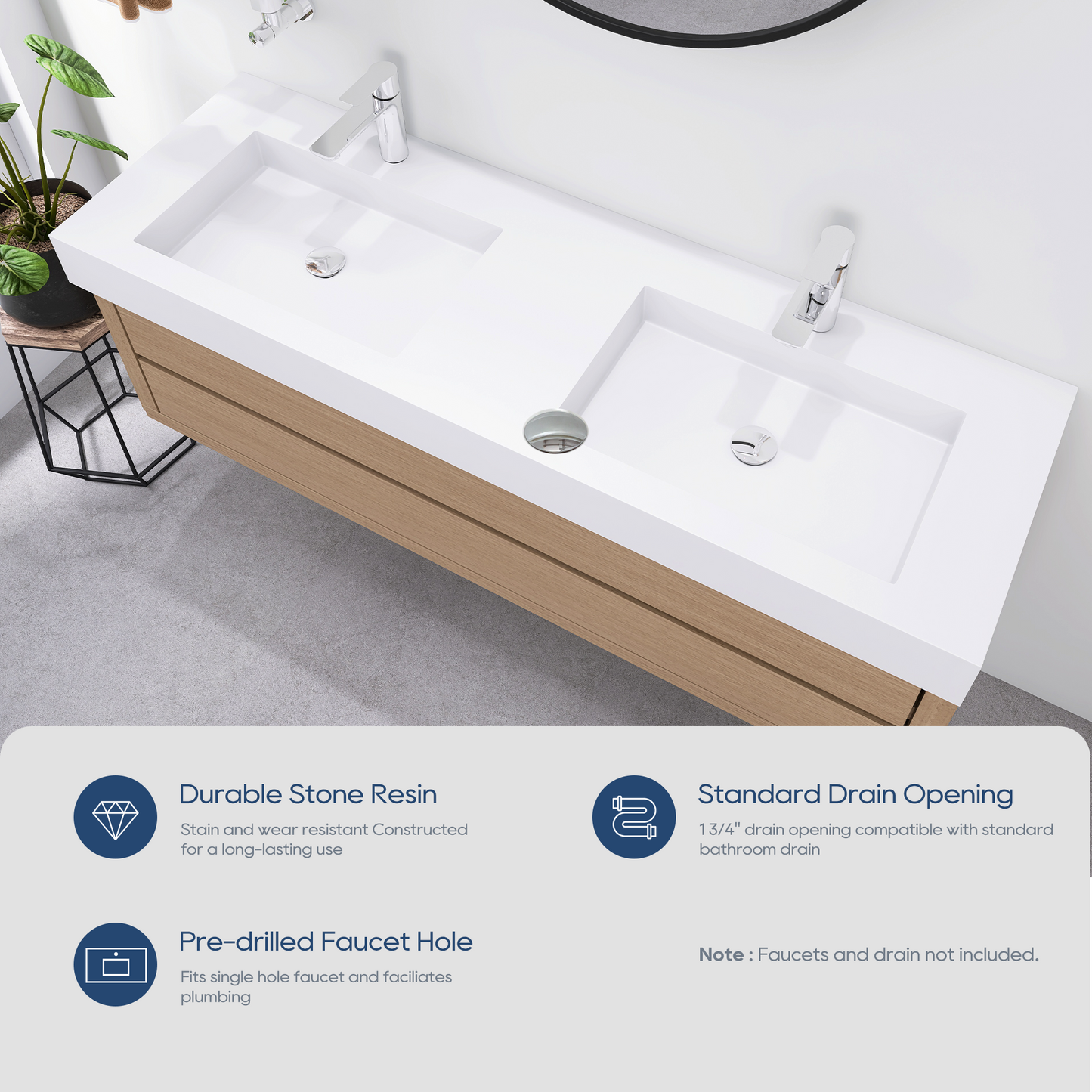 SJ-STARJANE 59''Solid Surface Wall Mount Double-Basin Bathroom Vessel Sink in Matte White
