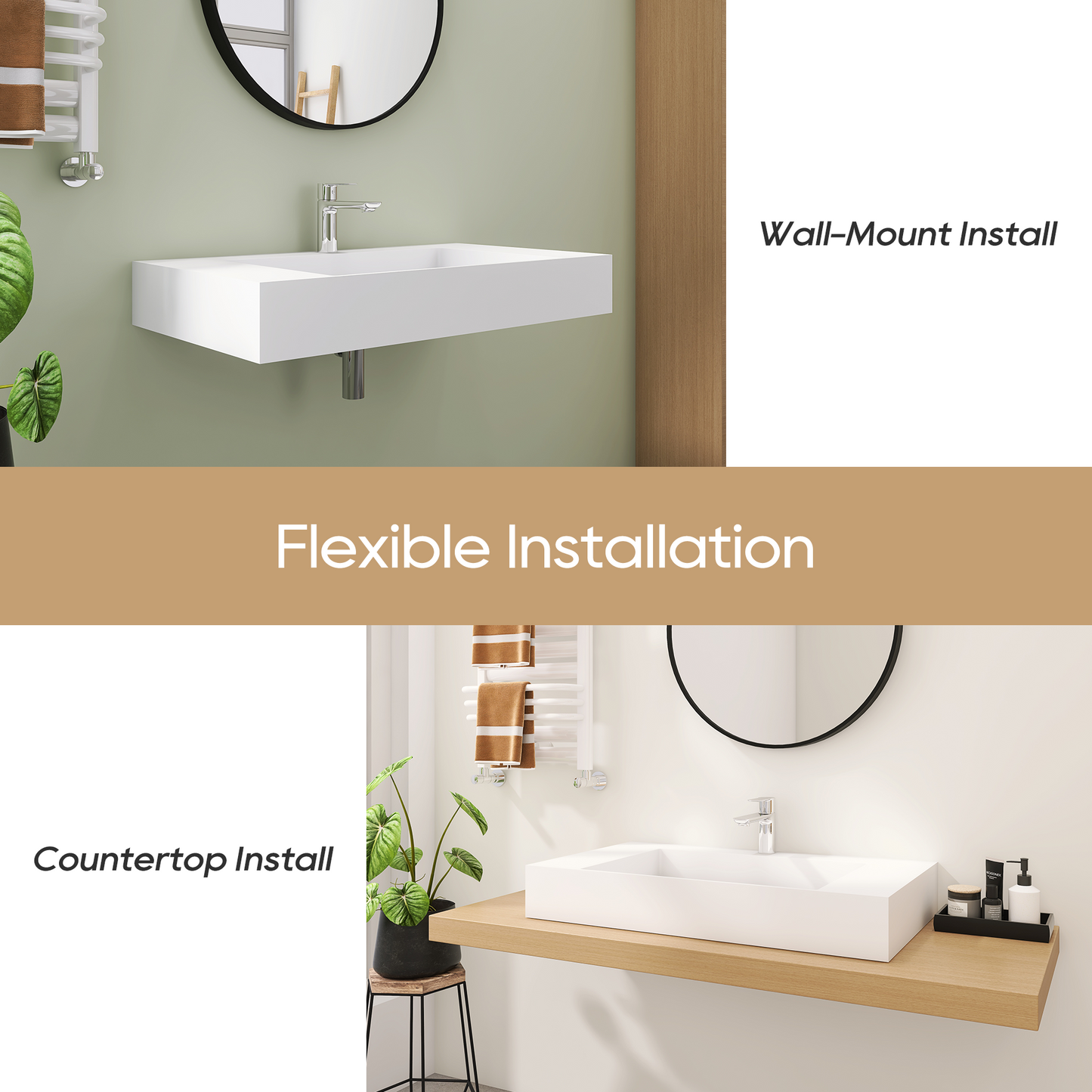 SJ-STARJANE 36''Solid Surface Basin with Stainless Steel Slab Covers