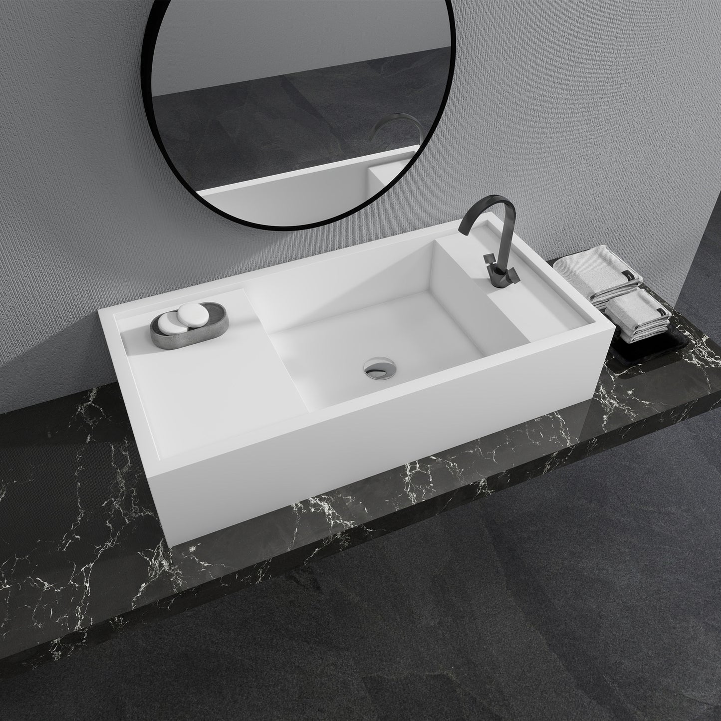 SJ-STARJANE 39''Solid Surface Wall Mount Bathroom Vessel Sink with Faucet Hole in Right