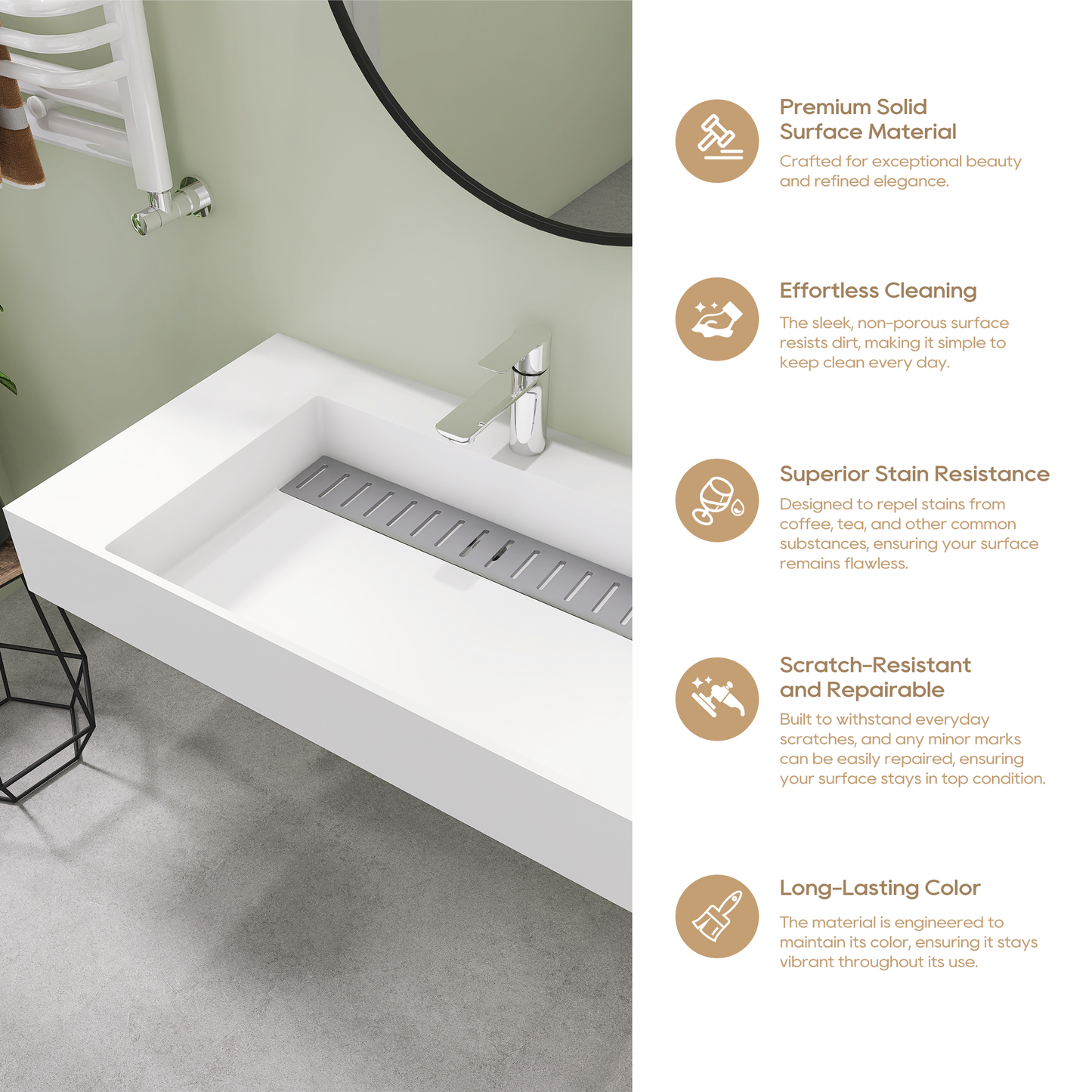 SJ-STARJANE 36''Solid Surface Basin with Stainless Steel Slab Covers