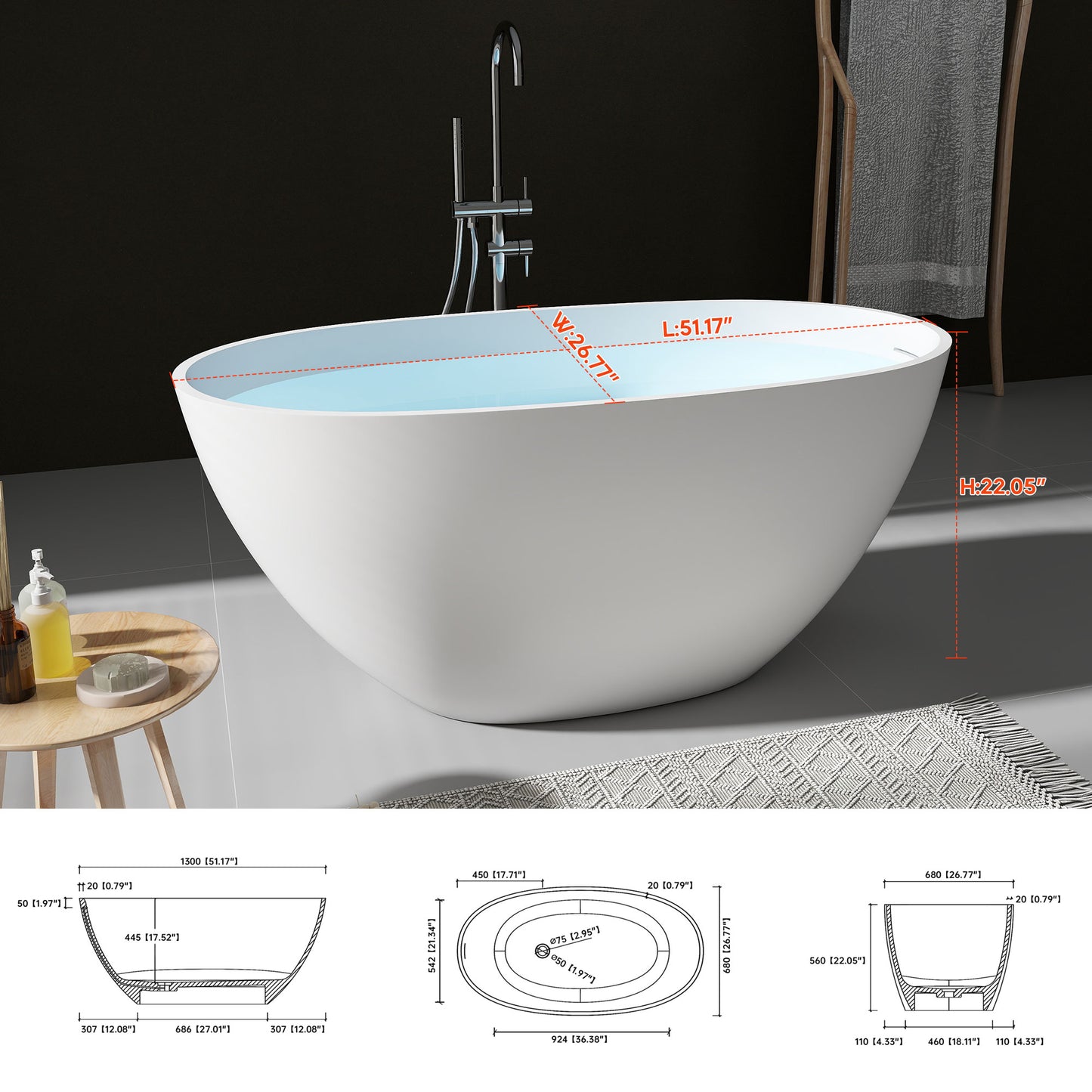 SJ-STARJANE 51''Freestanding compact soaking tub Solid surface design