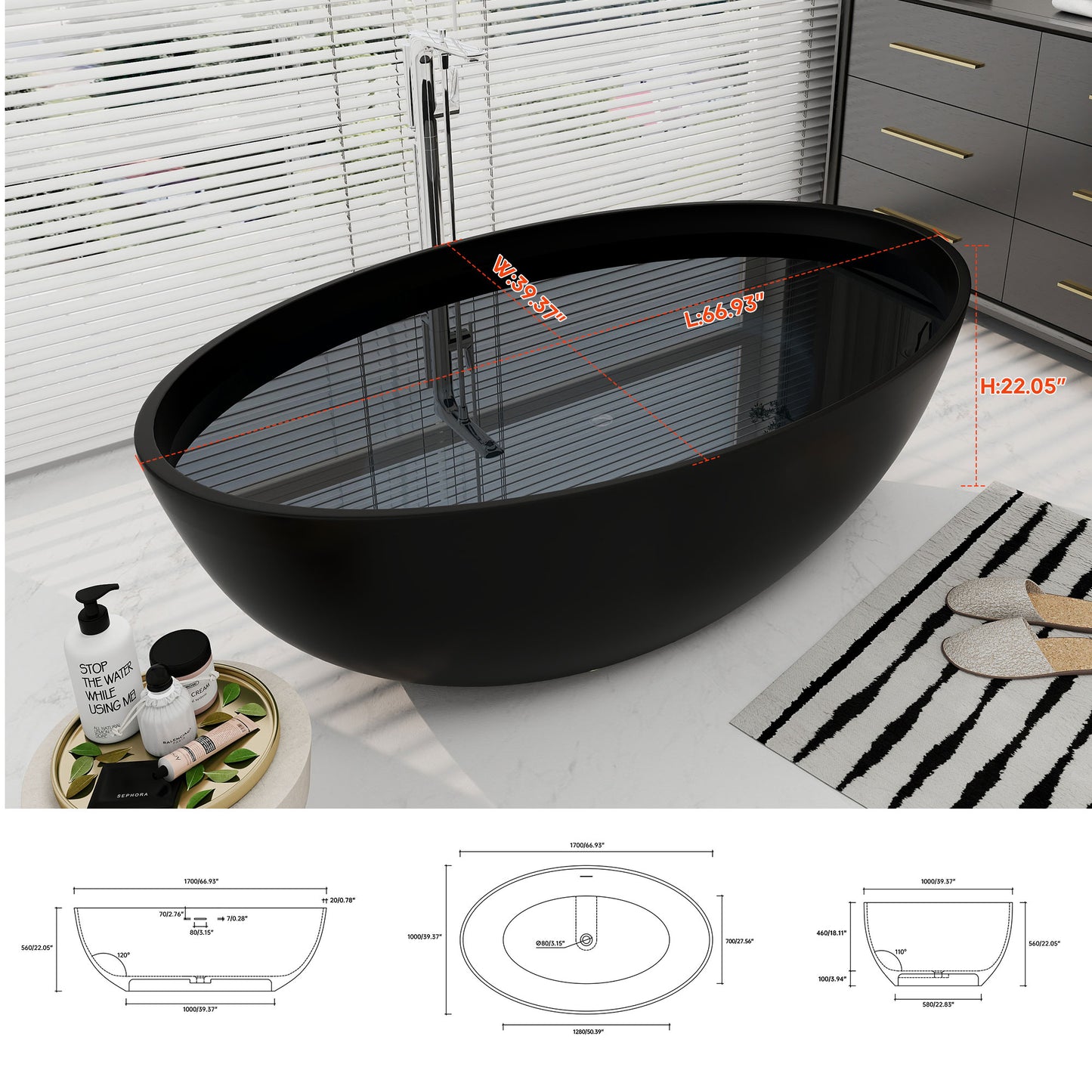 SJ-STARJANE 67"inch black freestanding bathtub artificial stone resin material non-slip wear-resistant deep soaking bathtub