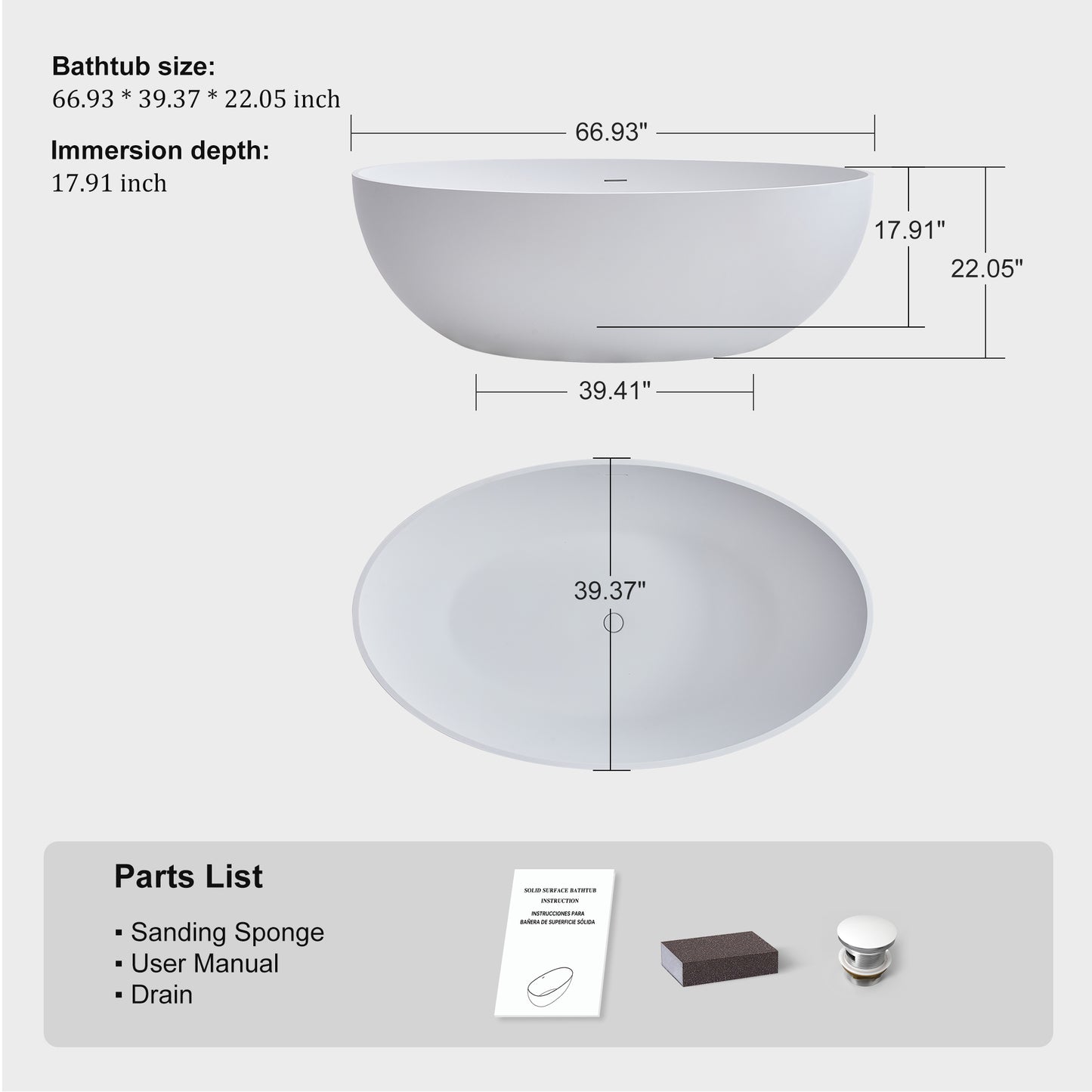 SJ-STARJANE 67'' Stone Resin Solid Surface Matte Flatbottom Freestanding Bathtub