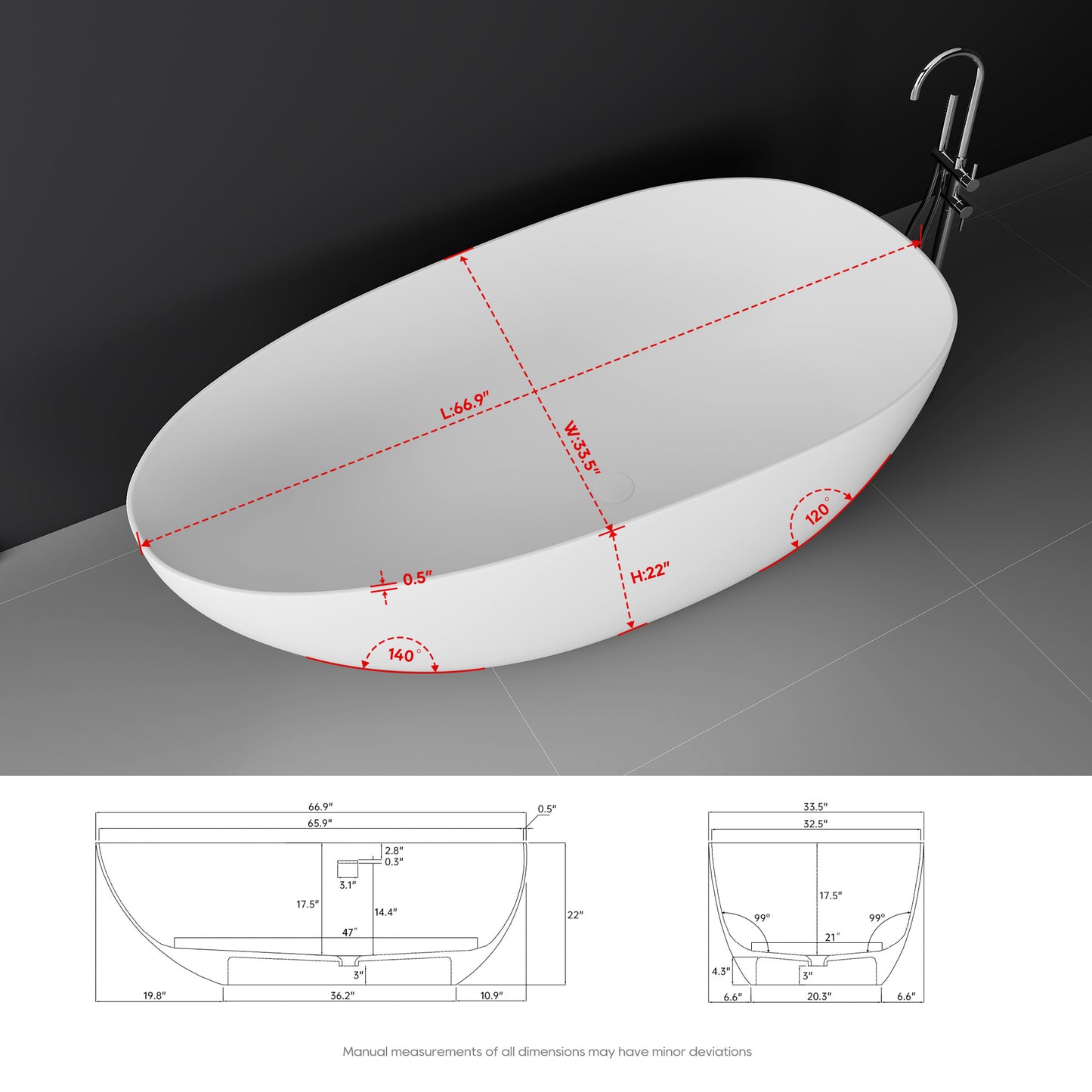 SJ-STARJANE 67"freestanding bathtub non-slip wear-resistant artificial stone resin