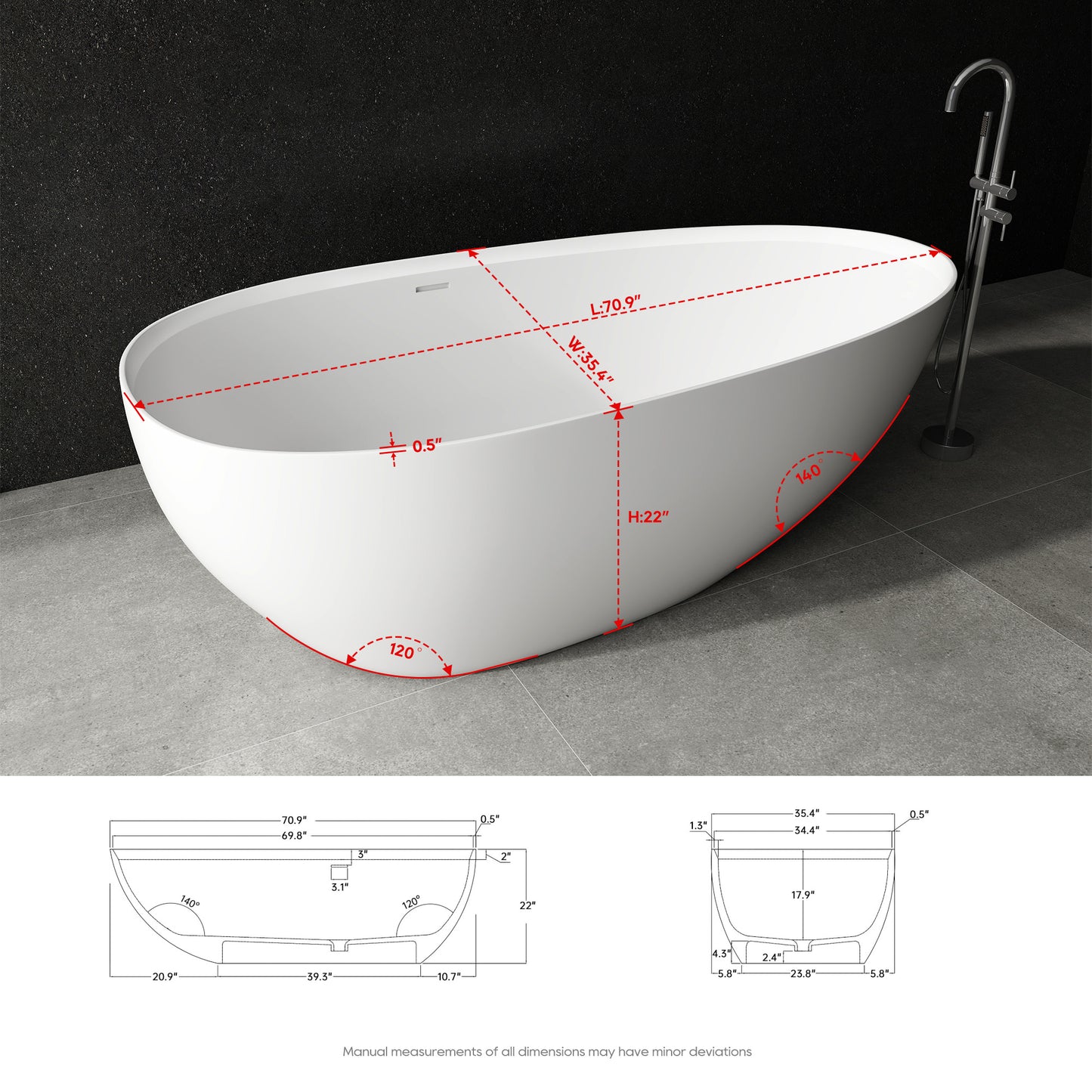 SJ-STARJANE 71" Freestanding Tub Solid Surface Resin Stone Freestanding Soaking Bathtub