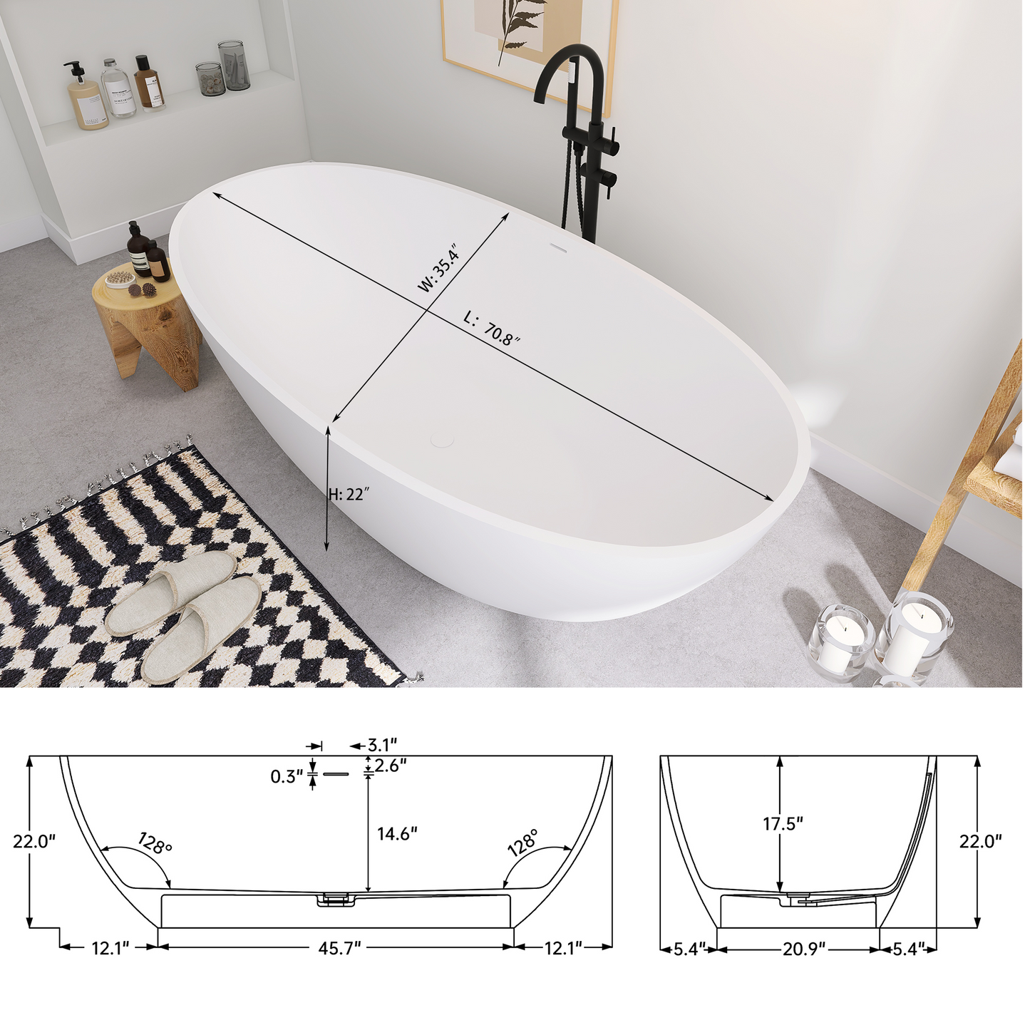 SJ-STARJANE 71''Freestanding artificial stone bathtub Double soaking design