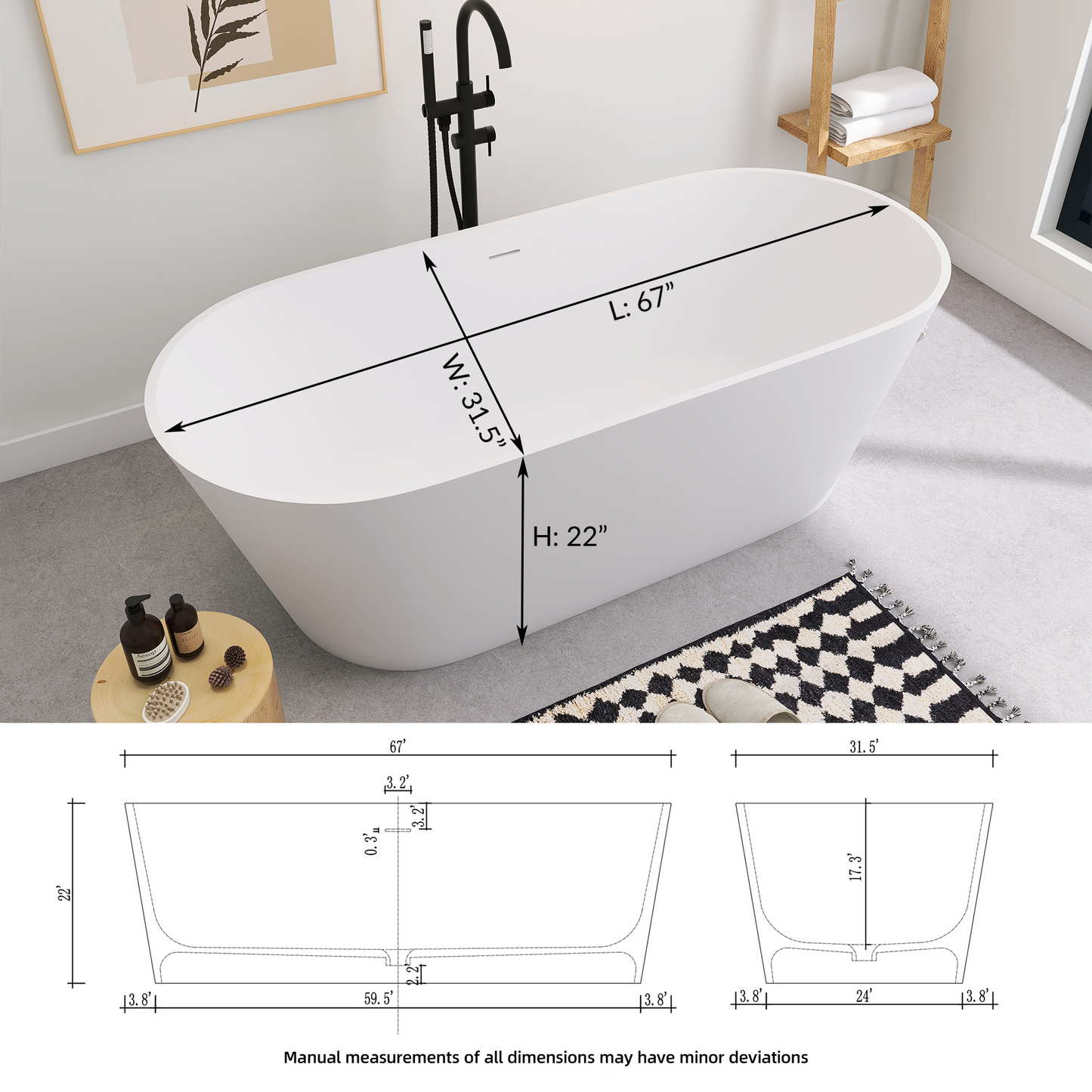 SJ-STARJANE 67'' Freestanding Soaking Bathtub Solid Surface Soaking Tubs in Matte White
