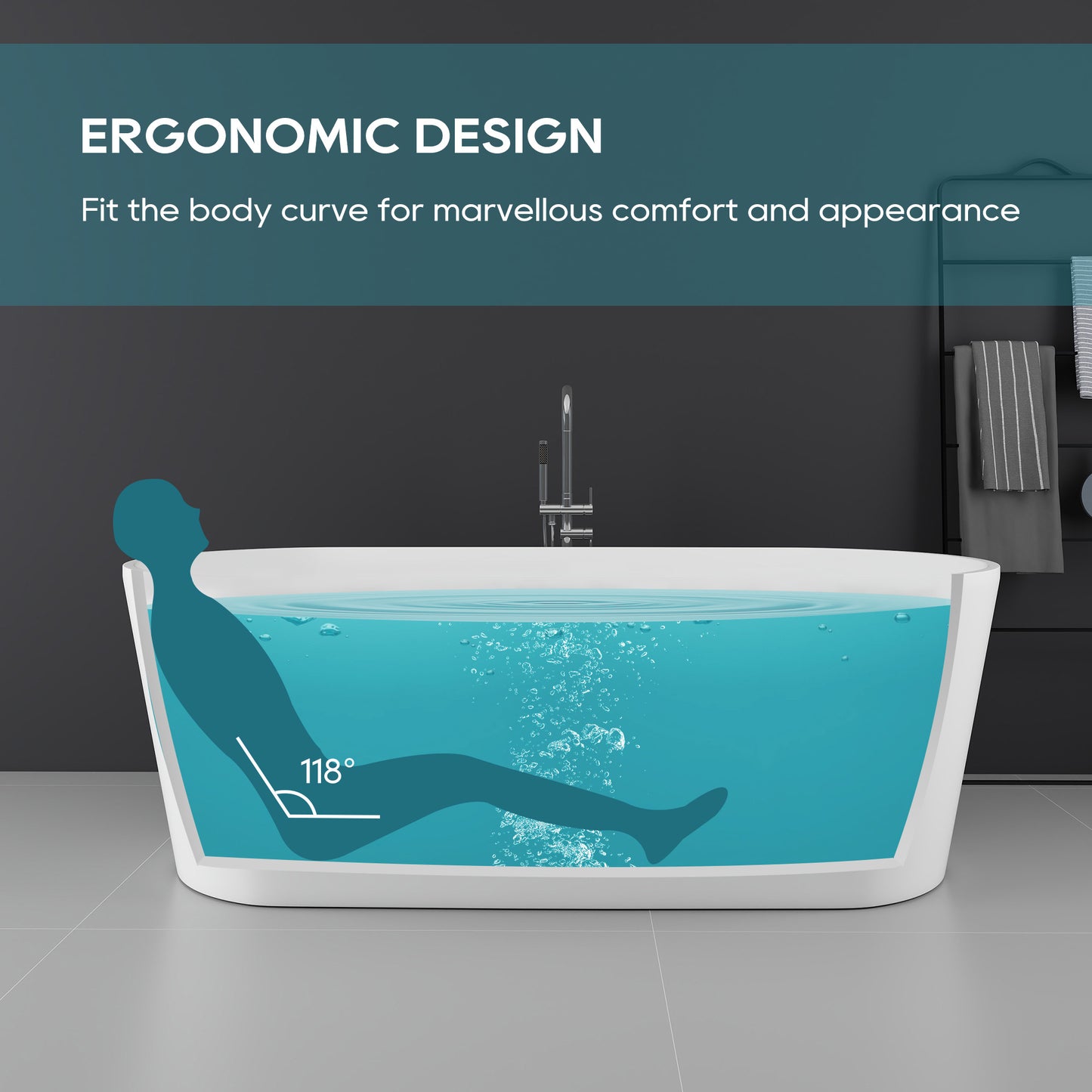 SJ-STARJANE 63'' Freestanding Tub Solid Surface Deep Freestanding Soaking Bathtub