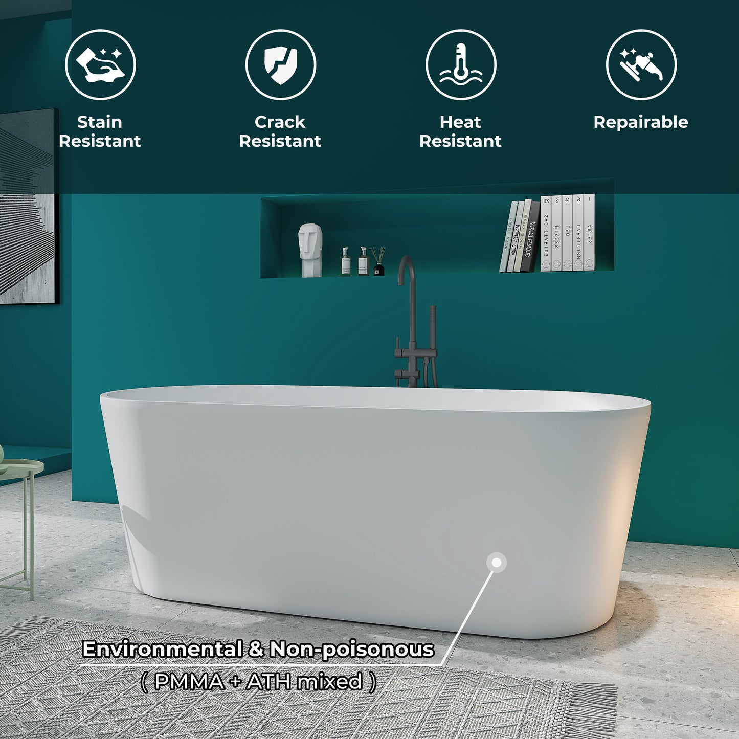 SJ-STARJANE 63'' Freestanding Tub Solid Surface Deep Freestanding Soaking Bathtub