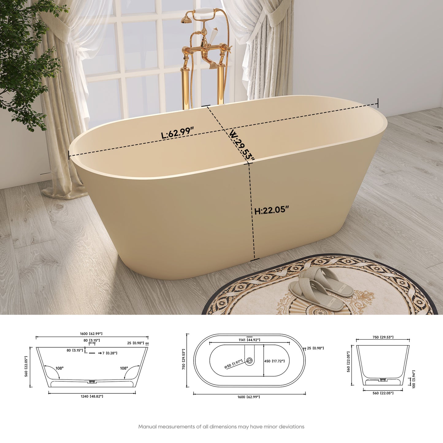 SJ-STARJANE 63'' Freestanding Tub Solid Surface Deep Freestanding Soaking Bathtub