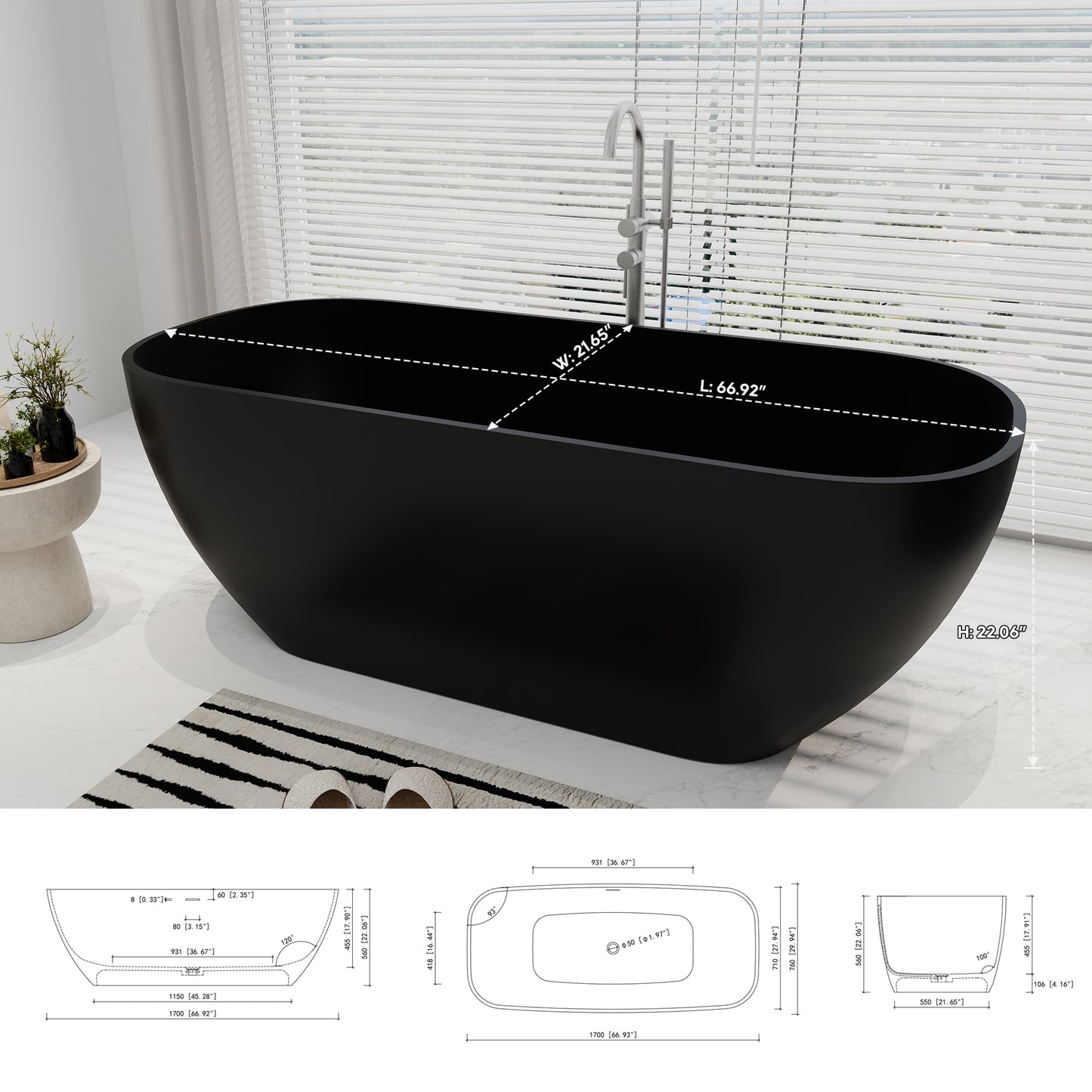 SJ-STARJANE 67‘’Freestanding Artificial Stone Bathtubs Solid Surface Soaking Bathtubs