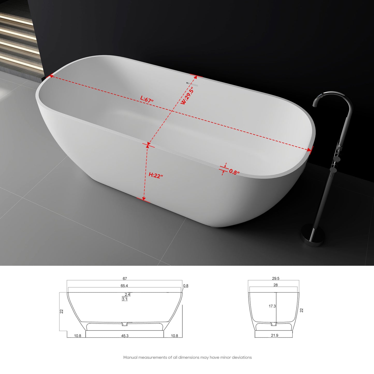 SJ-STARJANE 67''Artificial stone freestanding soaking tub with matte white solid surface