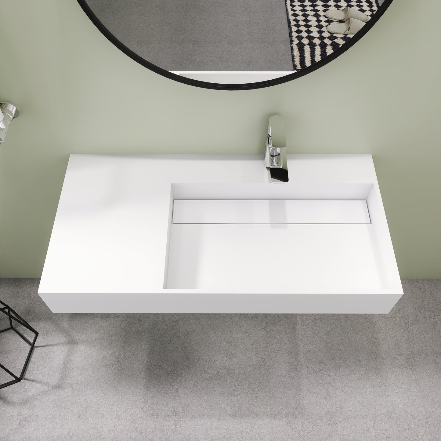 SJ-STARJANE 36‘’Solid Surface Wall Mount Bathroom Right Vessel Sink with Faucet Hole and Drain Cover