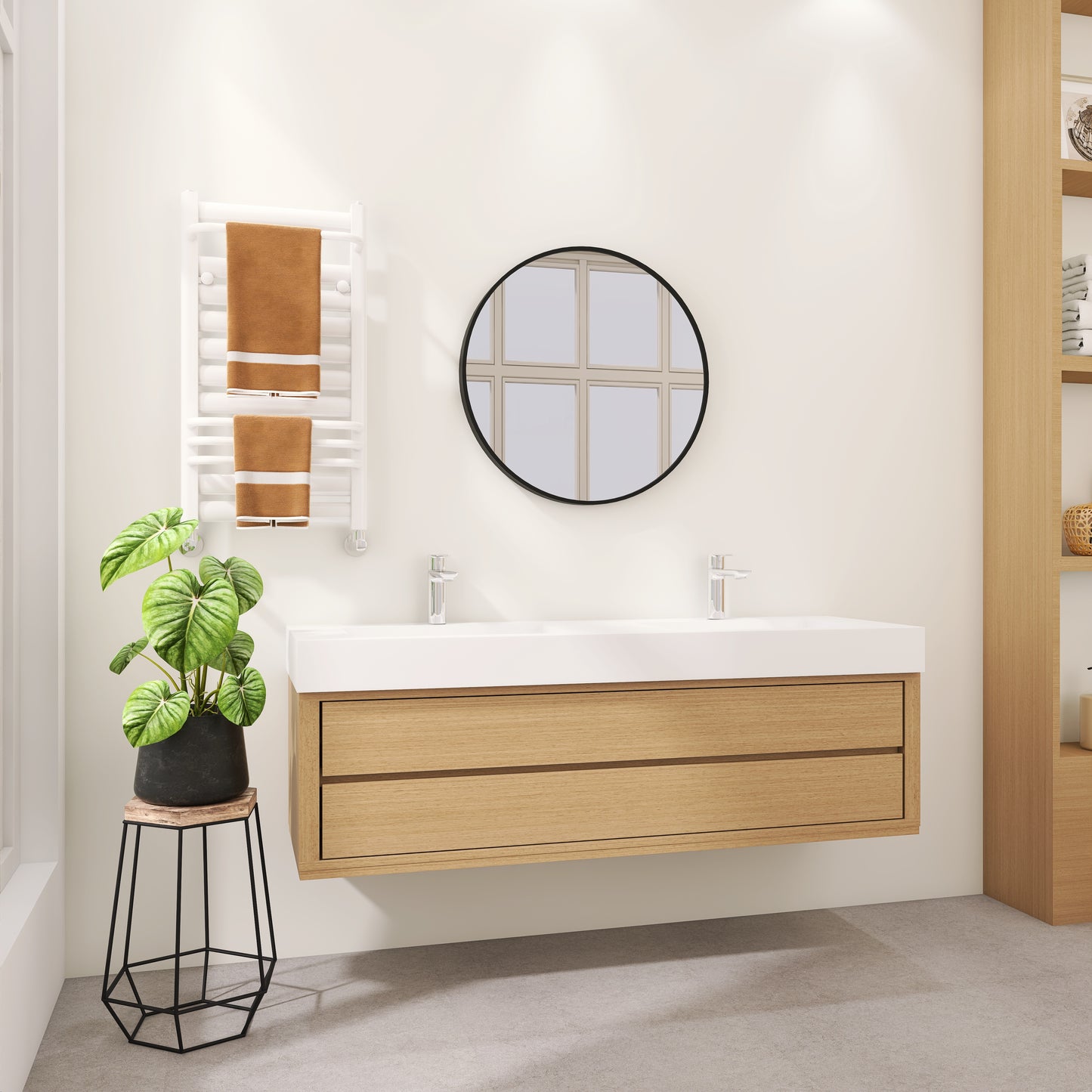 SJ-STARJANE 59''Solid Surface Wall Mount Double-Basin Bathroom Vessel Sink in Matte White