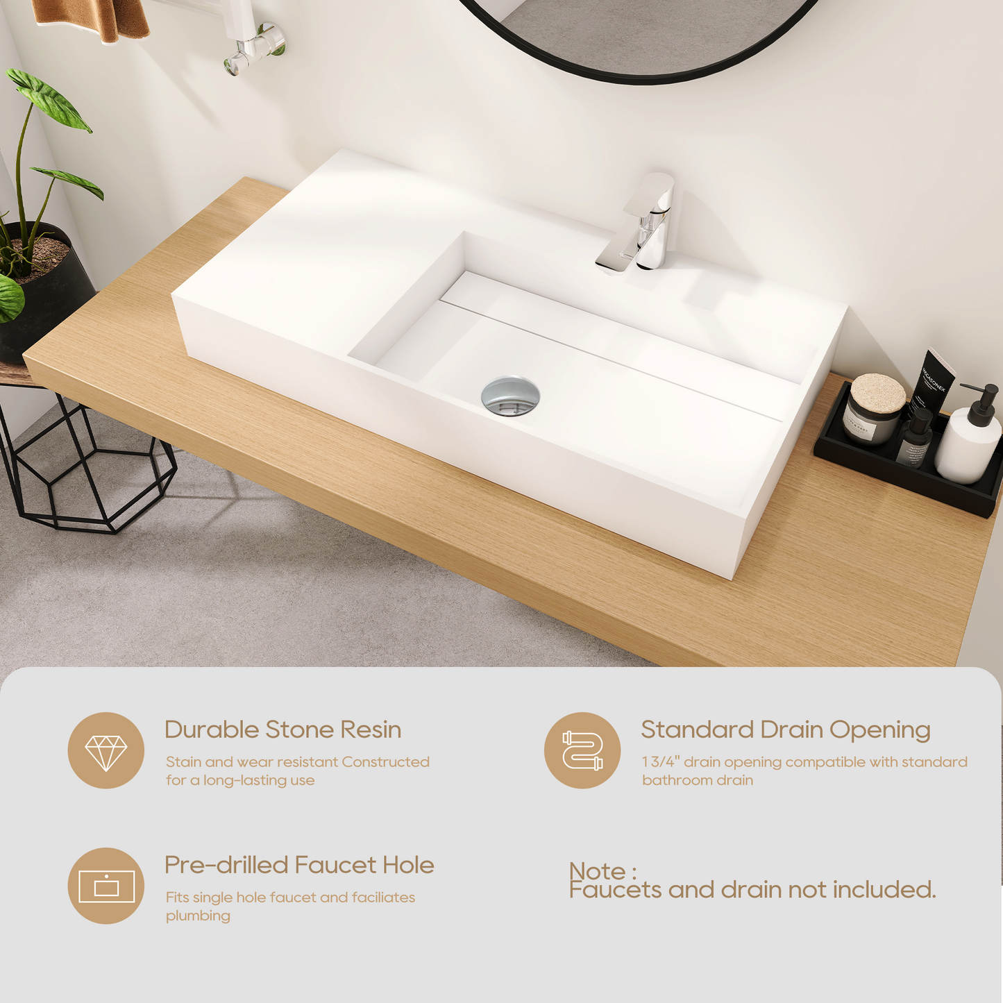 SJ-STARJANE 36‘’Solid Surface Wall Mount Bathroom Right Vessel Sink with Faucet Hole and Drain Cover