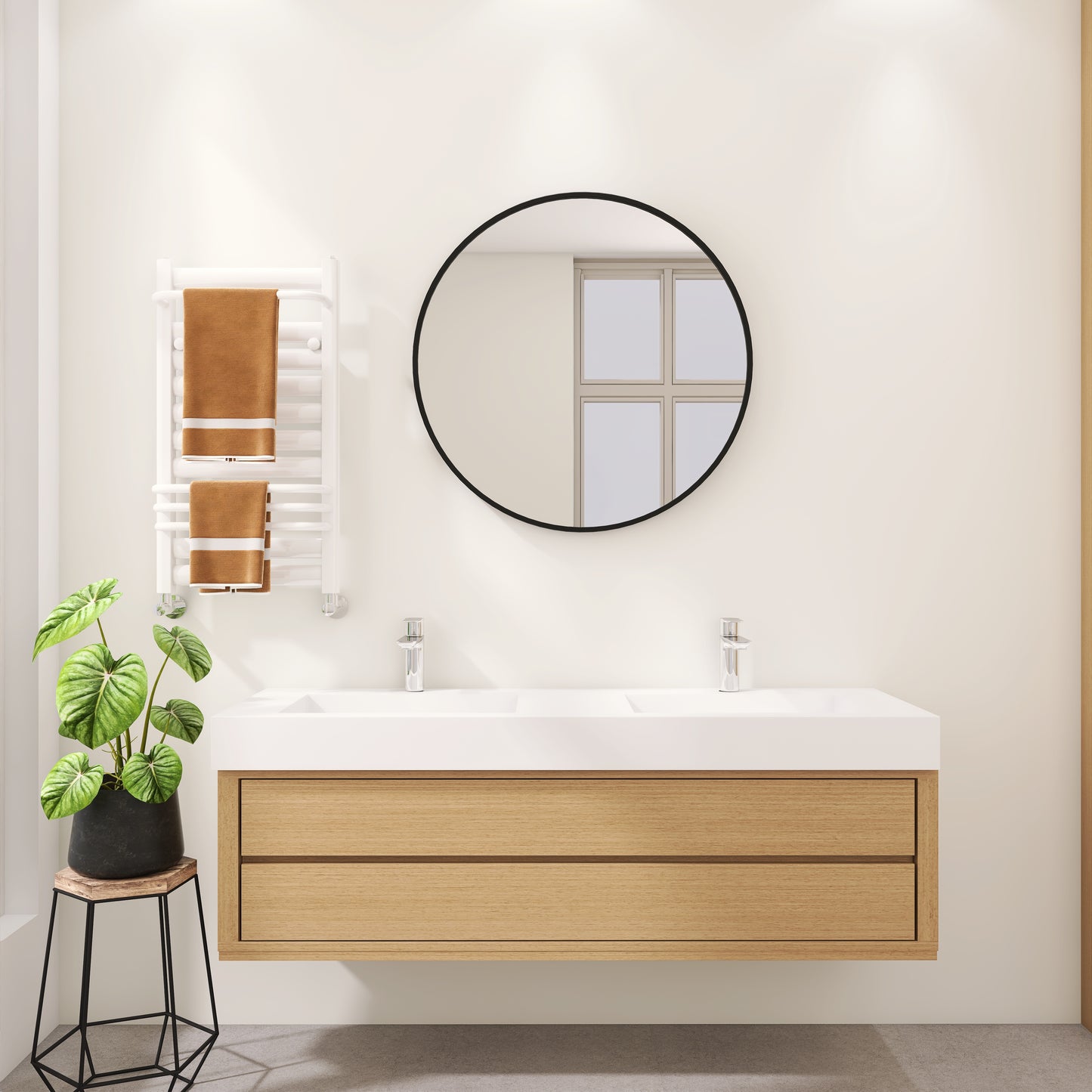 SJ-STARJANE 59''Solid Surface Wall Mount Double-Basin Bathroom Vessel Sink in Matte White