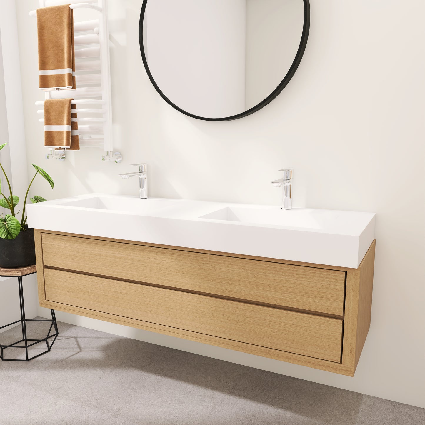 SJ-STARJANE 59''Solid Surface Wall Mount Double-Basin Bathroom Vessel Sink in Matte White