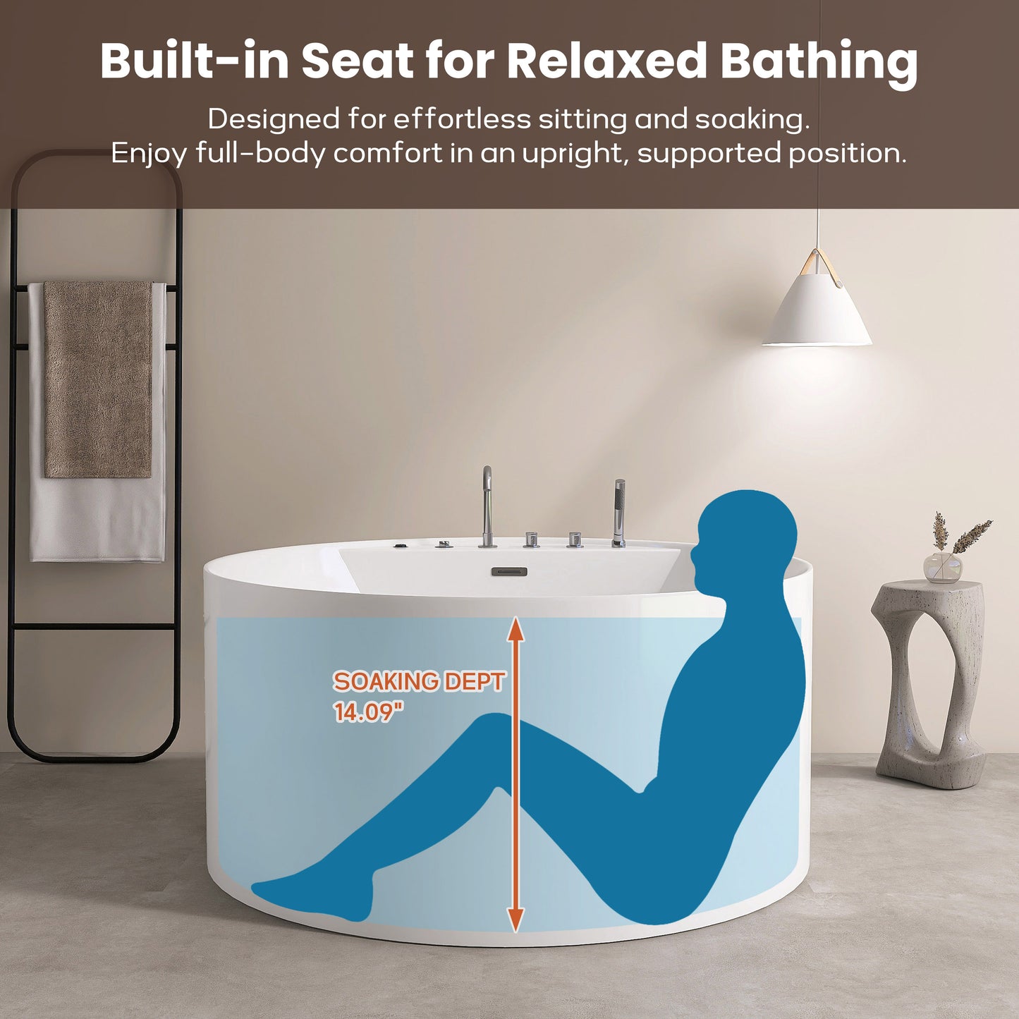 47'' Freestanding Round Acrylic Whirlpool Bathtub, 6 Massage Jets, LED Lighting, And 4-Hole Faucet AB24-47-AM