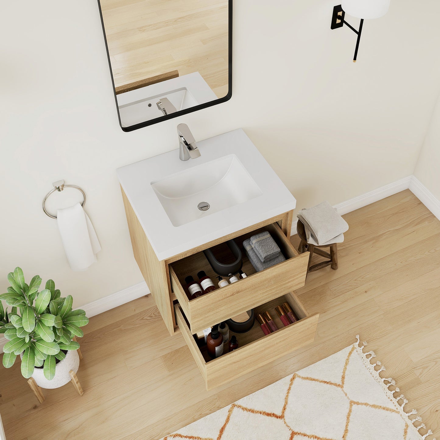 Frost Single Sink Floating Bath Vanity in Wood Grain with White Cultured Marble Top with Basin