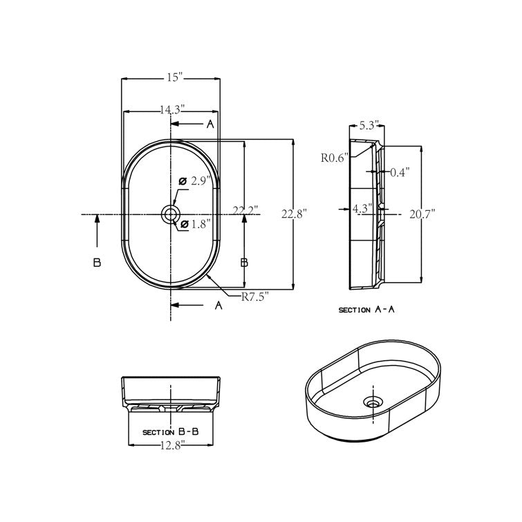 SJ-STARJANE 23'' Oval Bathroom Sink Solid Surface Vessel Sink