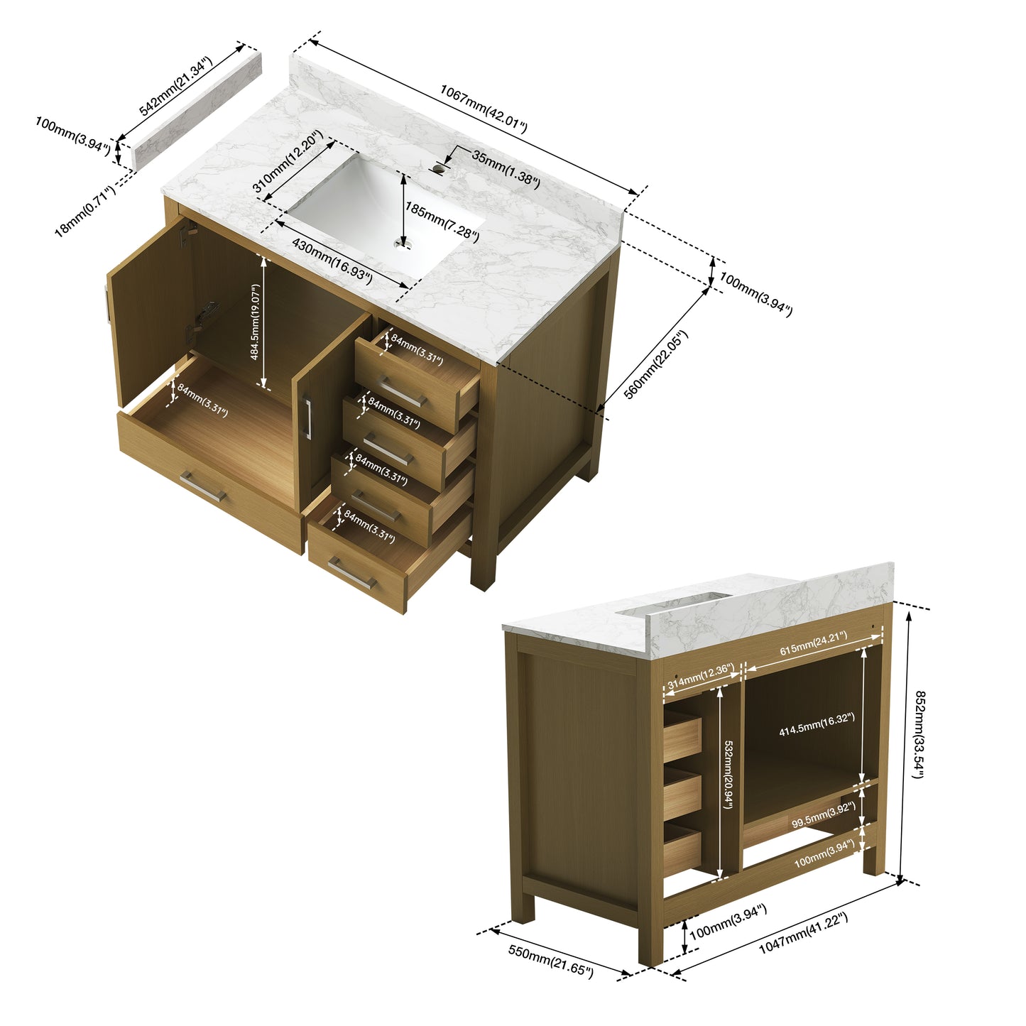 Riverford Desert Oak Rubberwood & Plywood Bathroom Vanity with Single Ceramic Sink and Engineered Marble Top