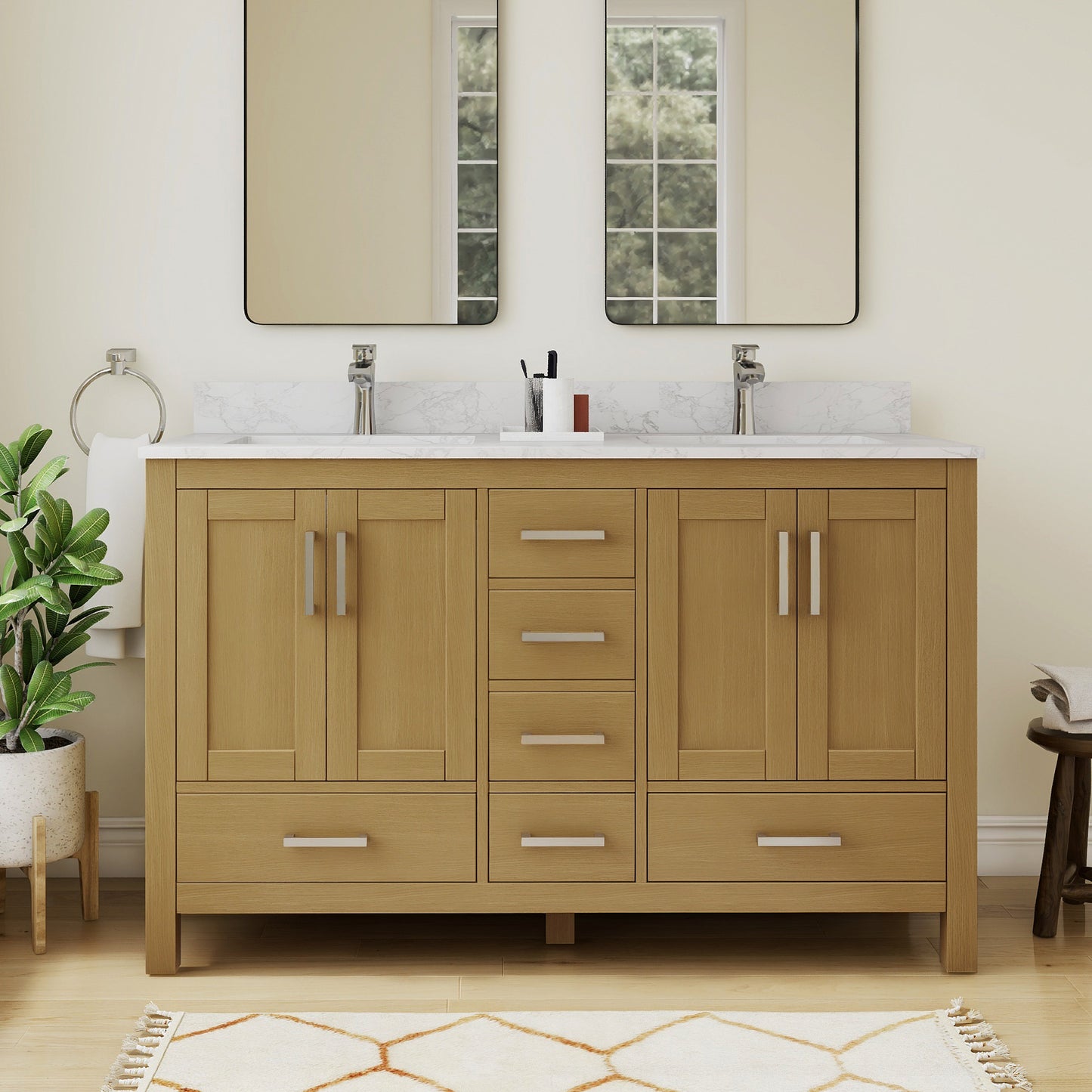 Riverford Desert Oak Rubberwood & Plywood Bathroom Vanity with Double Ceramic Sink and Engineered Marble Top