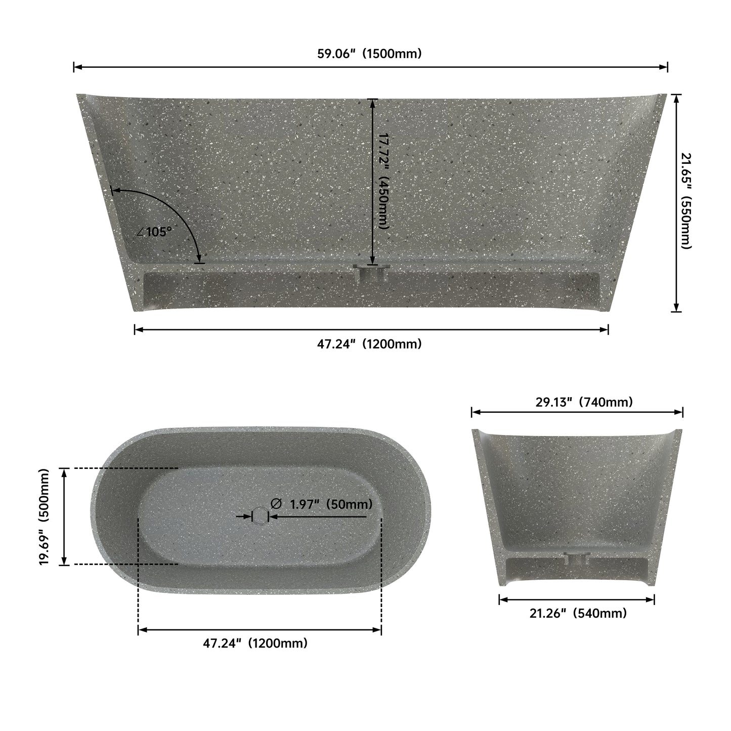 SJ-STARJANE 59''Freestanding solid surface soaking terrazzo tubs