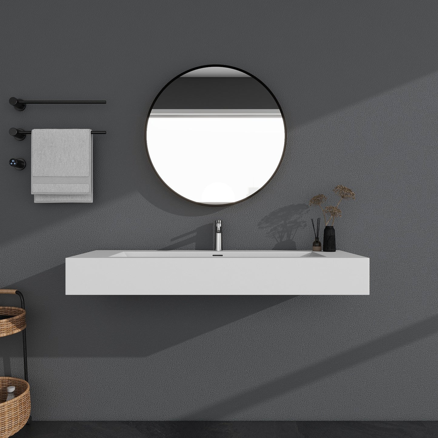 SJ-STARJANE 48 x 18 in. Solid Surface Wall Mount or Countertop Bathroom Vessel Sink with Single Faucet Holes in Matte White