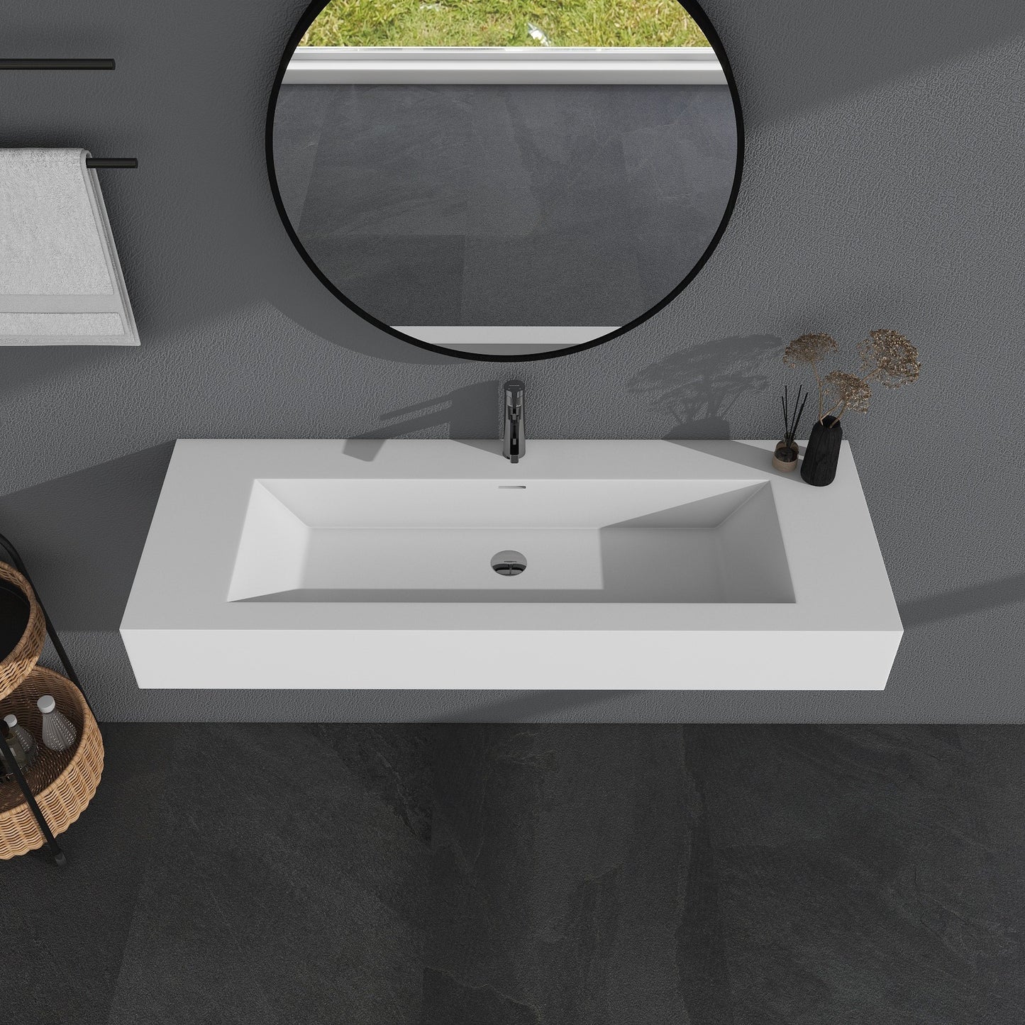 SJ-STARJANE 48 x 18 in. Solid Surface Wall Mount or Countertop Bathroom Vessel Sink with Single Faucet Holes in Matte White