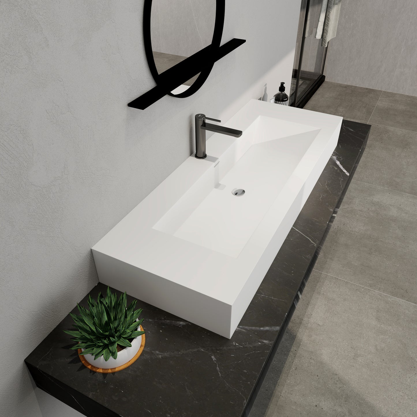 SJ-STARJANE 48 x 18 in. Solid Surface Wall Mount or Countertop Bathroom Vessel Sink with Single Faucet Holes in Matte White
