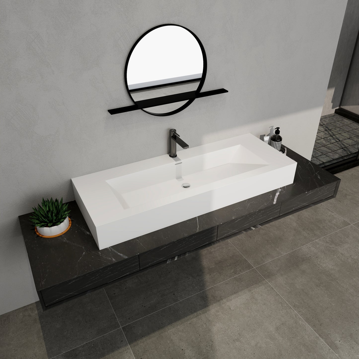 SJ-STARJANE 48 x 18 in. Solid Surface Wall Mount or Countertop Bathroom Vessel Sink with Single Faucet Holes in Matte White