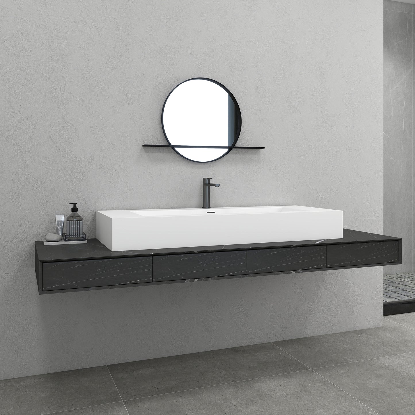 SJ-STARJANE 48 x 18 in. Solid Surface Wall Mount or Countertop Bathroom Vessel Sink with Single Faucet Holes in Matte White