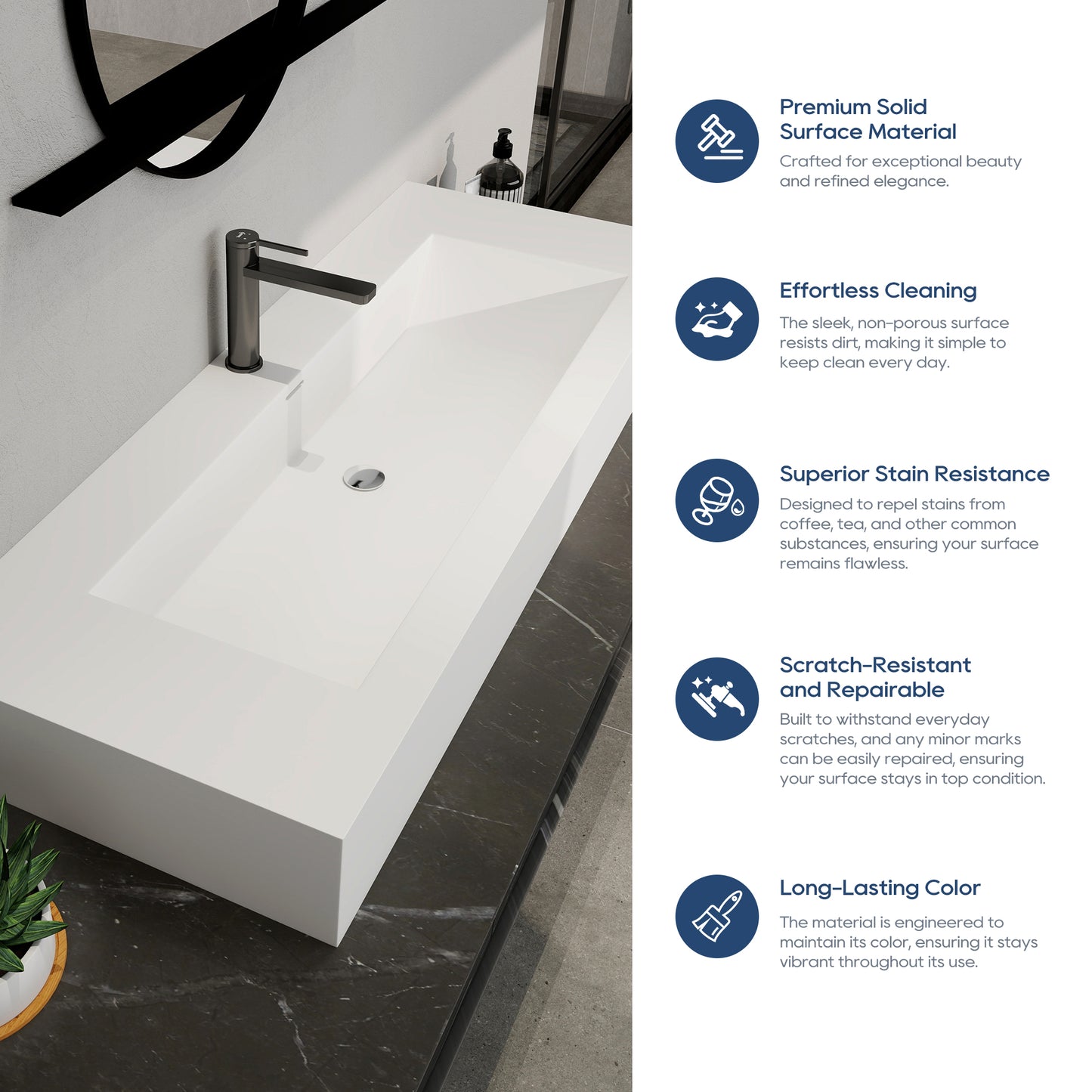 SJ-STARJANE 48 x 18 in. Solid Surface Wall Mount or Countertop Bathroom Vessel Sink with Single Faucet Holes in Matte White