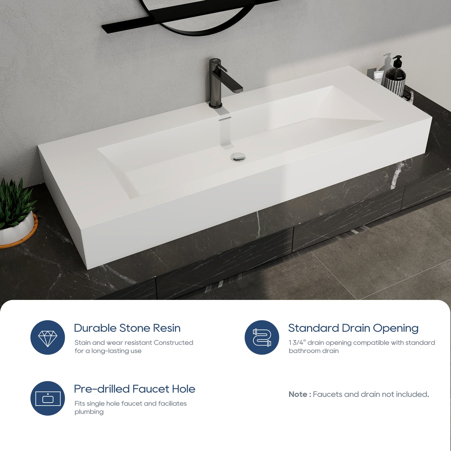 SJ-STARJANE 48 x 18 in. Solid Surface Wall Mount or Countertop Bathroom Vessel Sink with Single Faucet Holes in Matte White