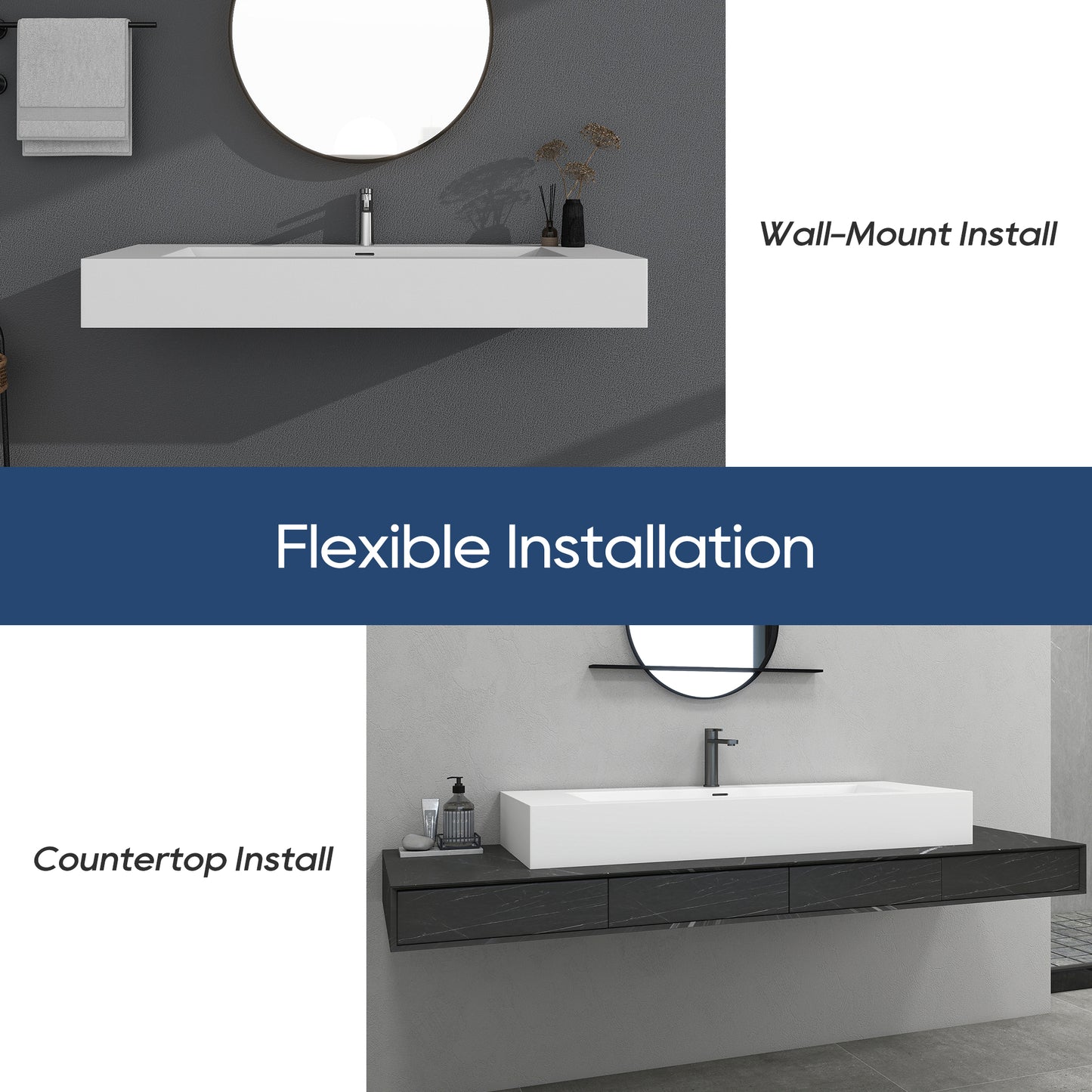 SJ-STARJANE 48 x 18 in. Solid Surface Wall Mount or Countertop Bathroom Vessel Sink with Single Faucet Holes in Matte White