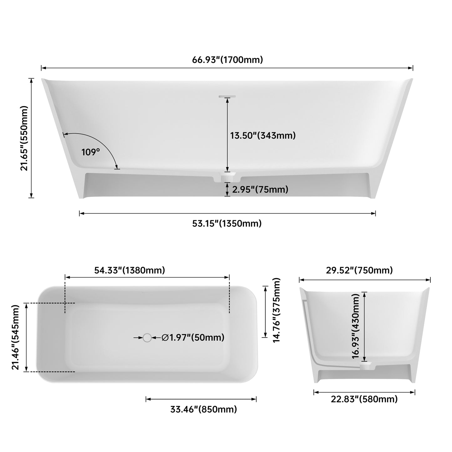 SJ-STARJANE 67''Freestanding bathtub Solid surface immersion bathtub (matte white)