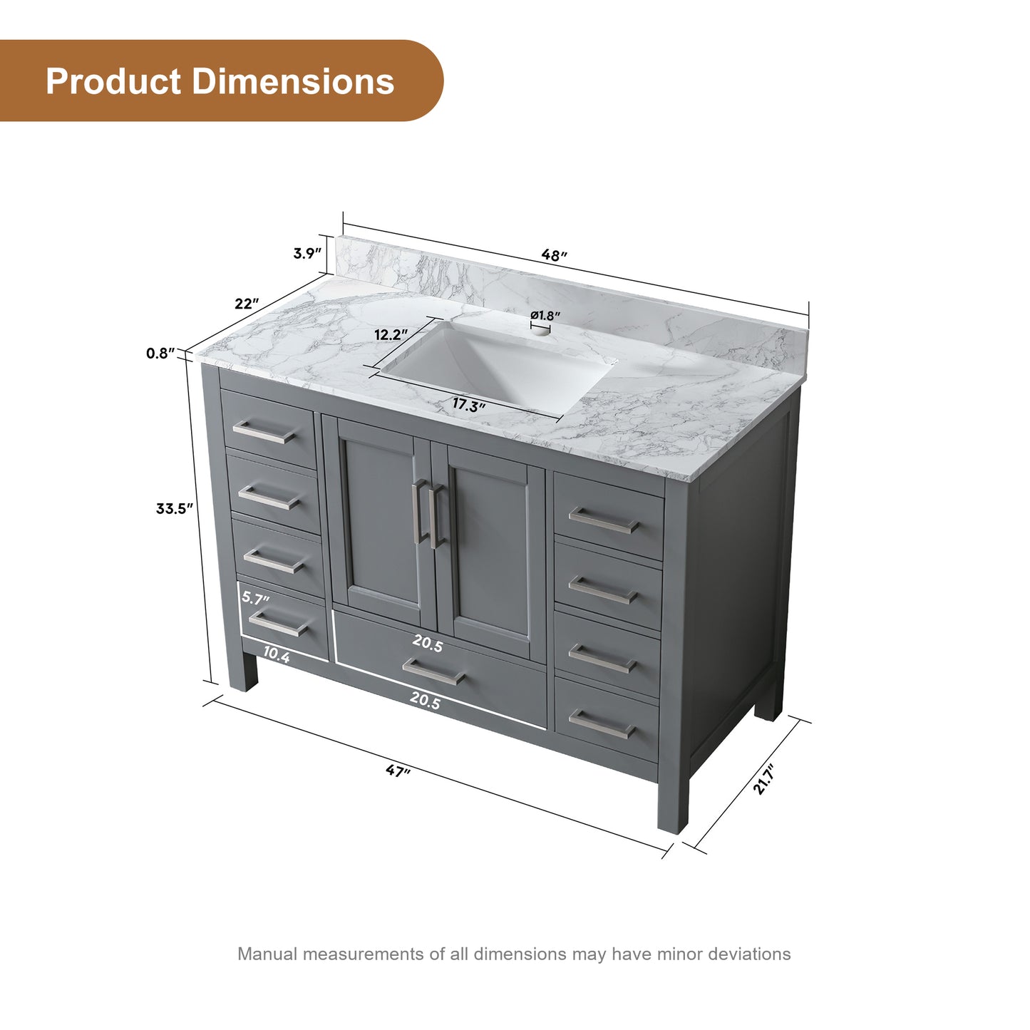 Riverford Grey Rubberwood & Plywood Bathroom Vanity with Double Ceramic Sink and Engineered Marble Top