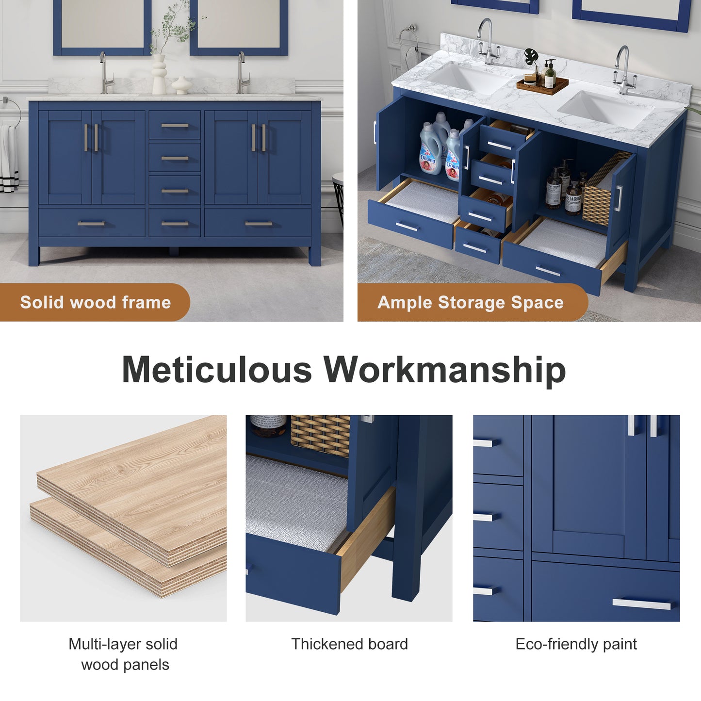 Riverford Blue Rubberwood & Plywood Double-Sink Bathroom Vanity with Engineered Marble Top