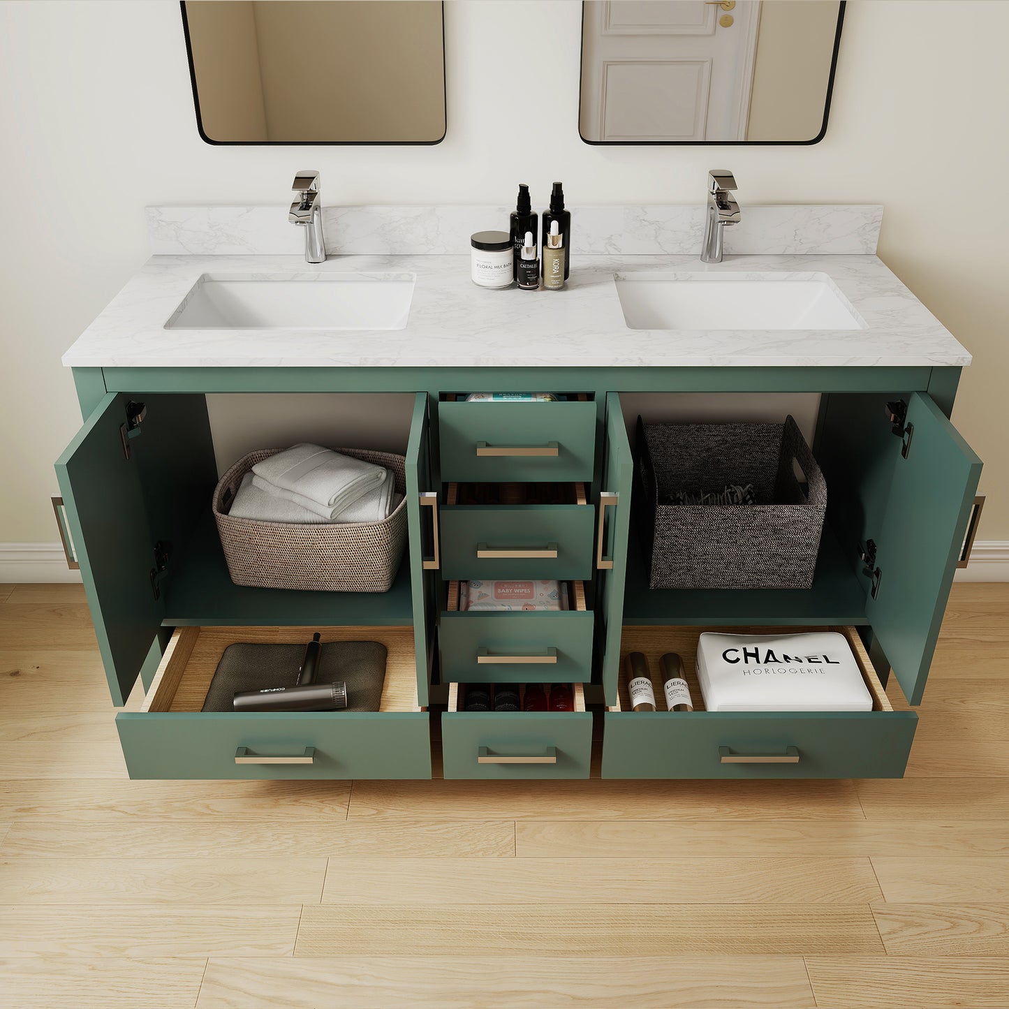 Riverford Green Rubberwood & Plywood Bathroom Vanity with Double Ceramic Sink and Engineered Marble Top