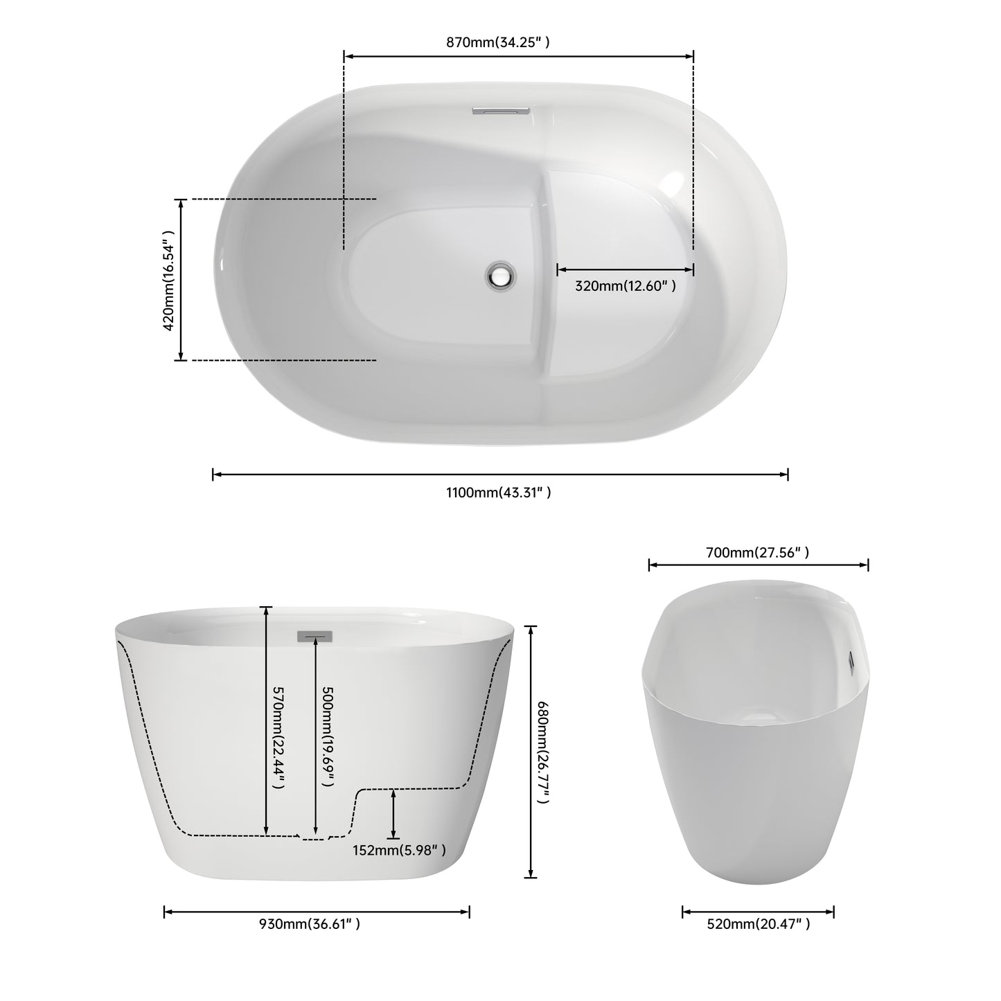 43'' Freestanding Soaking Acrylic Bathtub With Seat AB27-43