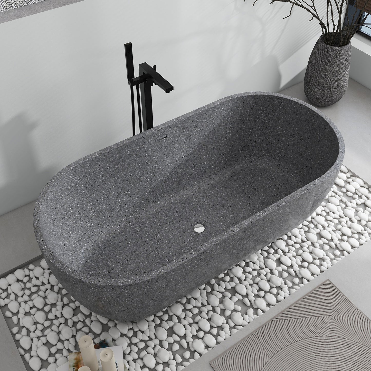 SJ-STARJANE 63'' x 31'' Concrete Freestanding Solid Surface Soaking Stone Bathtub Terrazzo