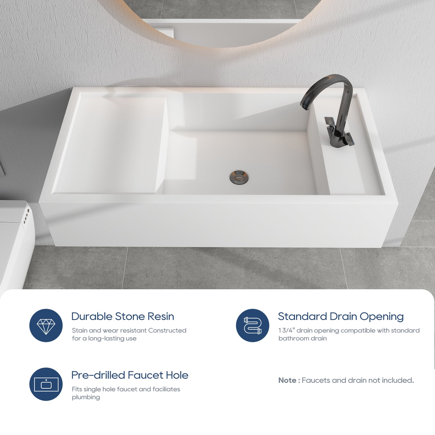 SJ-STARJANE 39''Solid Surface Wall Mount Bathroom Vessel Sink with Faucet Hole in Right
