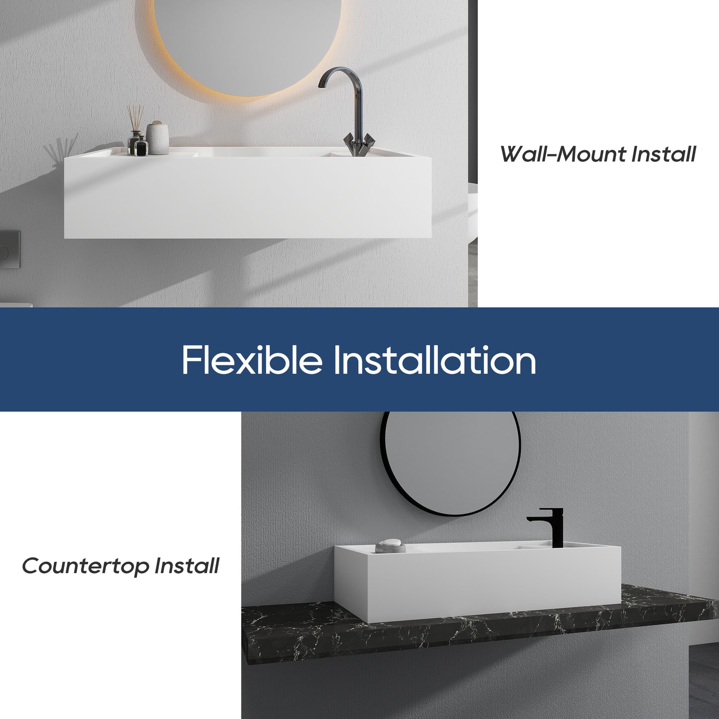 SJ-STARJANE 39''Solid Surface Wall Mount Bathroom Vessel Sink with Faucet Hole in Right